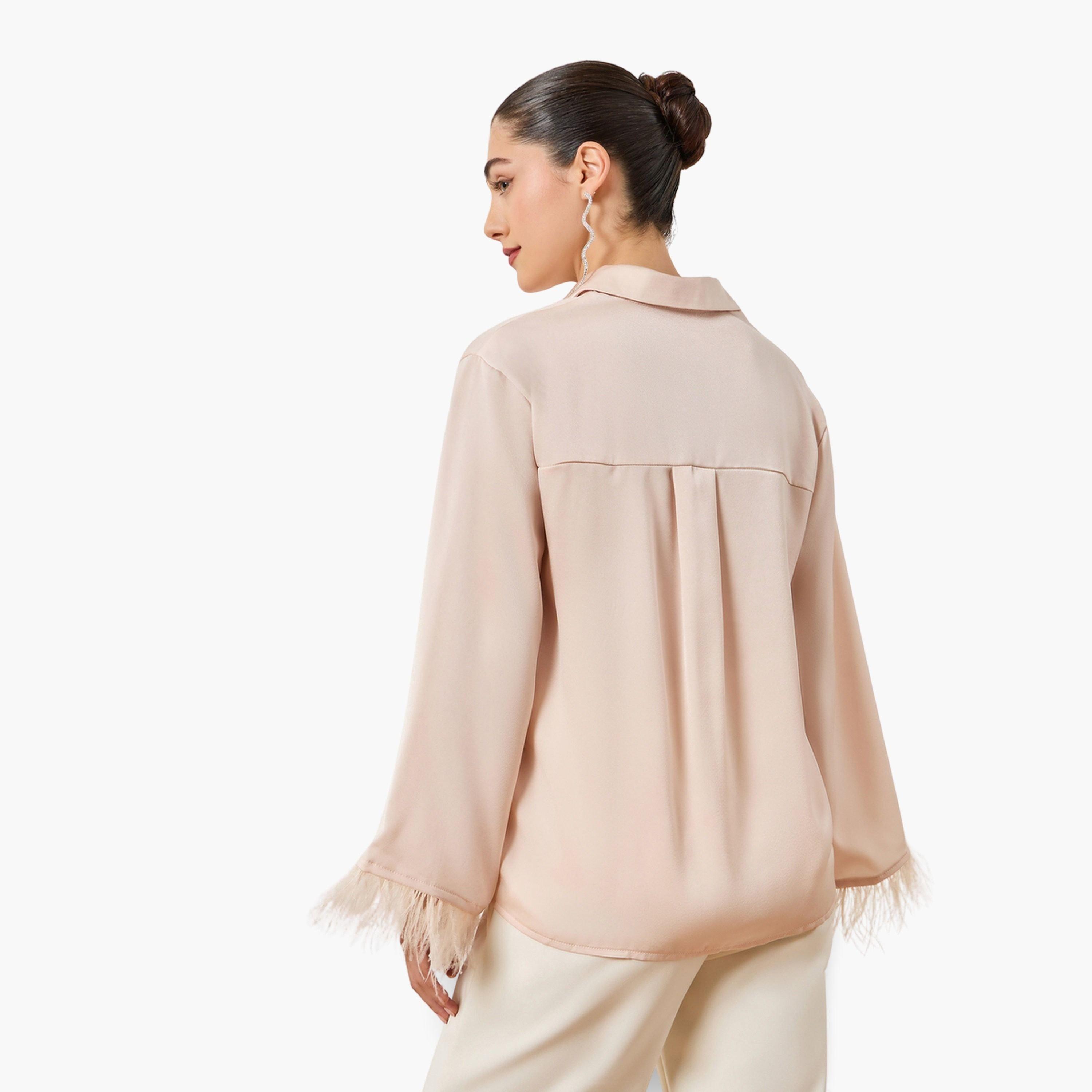 Styli Women Cream Satin Shirt with Feathered Trims-women-clothing-shirtsandblouses-blouses-image-5