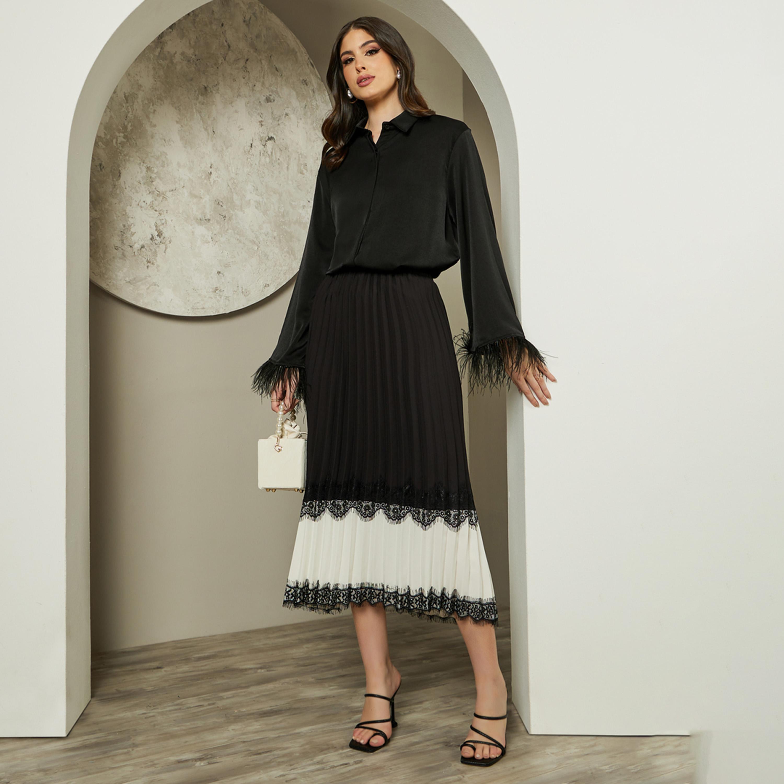 Styli Feathered Trim Bell Sleeve Satin Oversized Shirt-women-clothing-shirtsandblouses-shirts-image-1