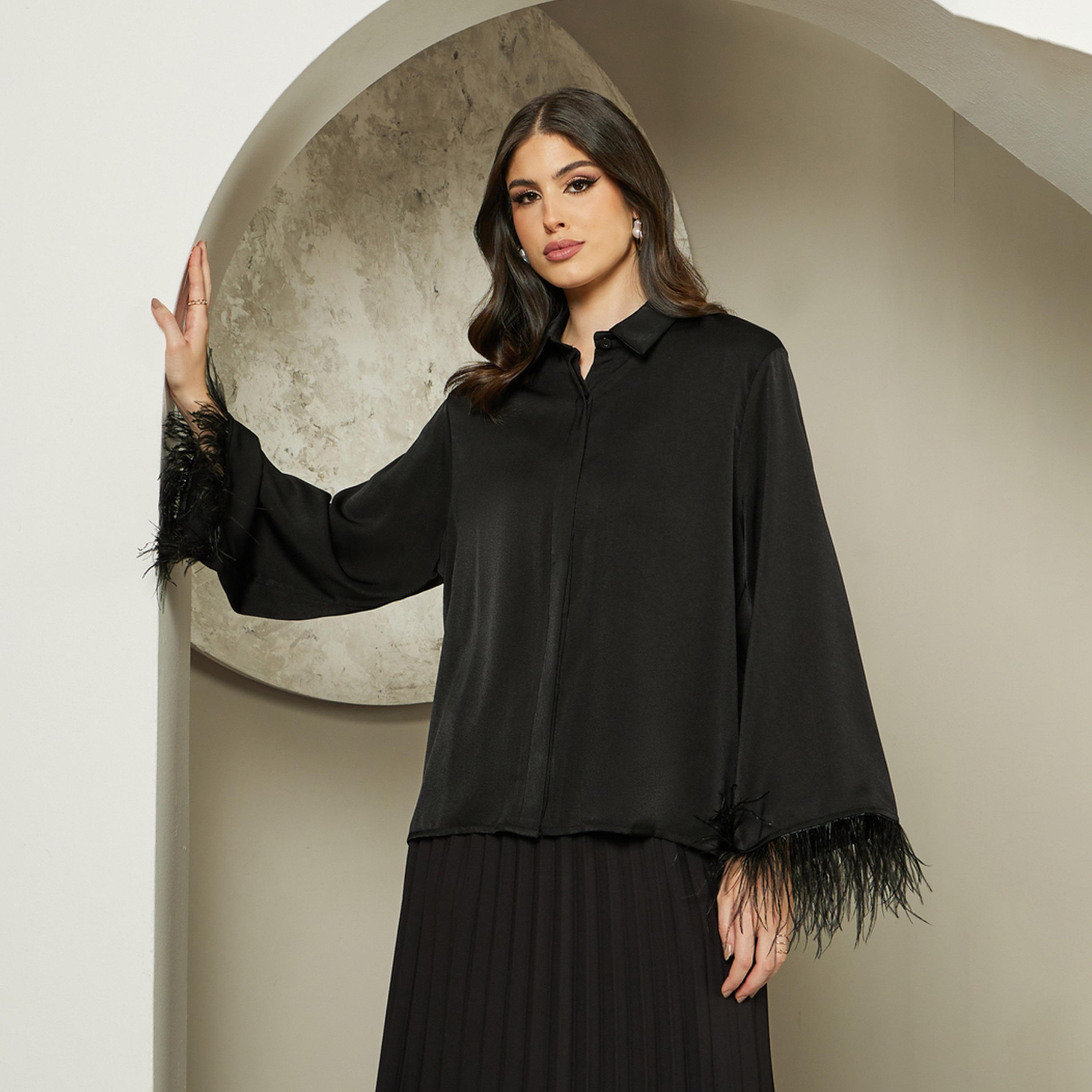 Styli Feathered Trim Bell Sleeve Satin Oversized Shirt-women-clothing-shirtsandblouses-shirts-image-2