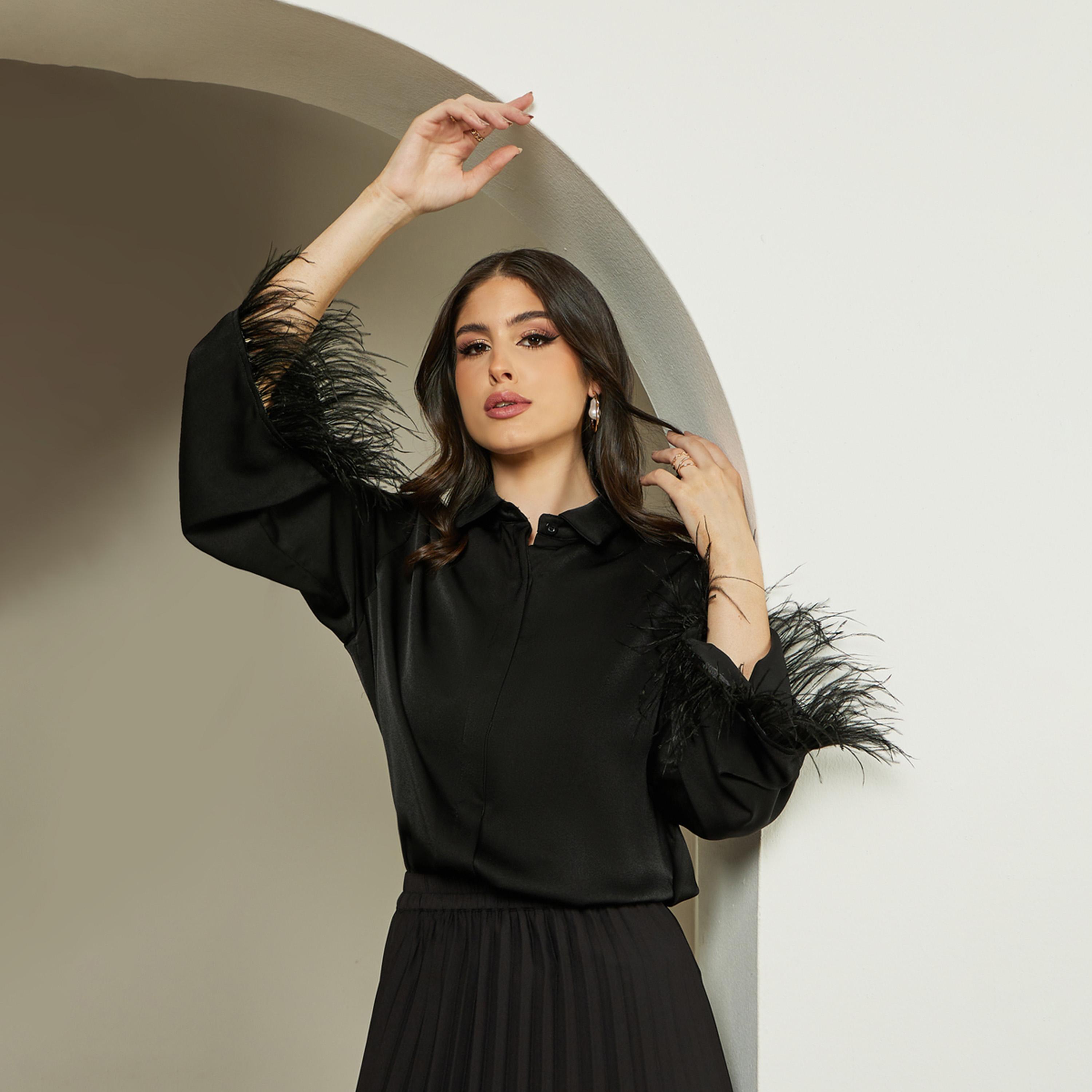 Styli Feathered Trim Bell Sleeve Satin Oversized Shirt-women-clothing-shirtsandblouses-shirts-image-3