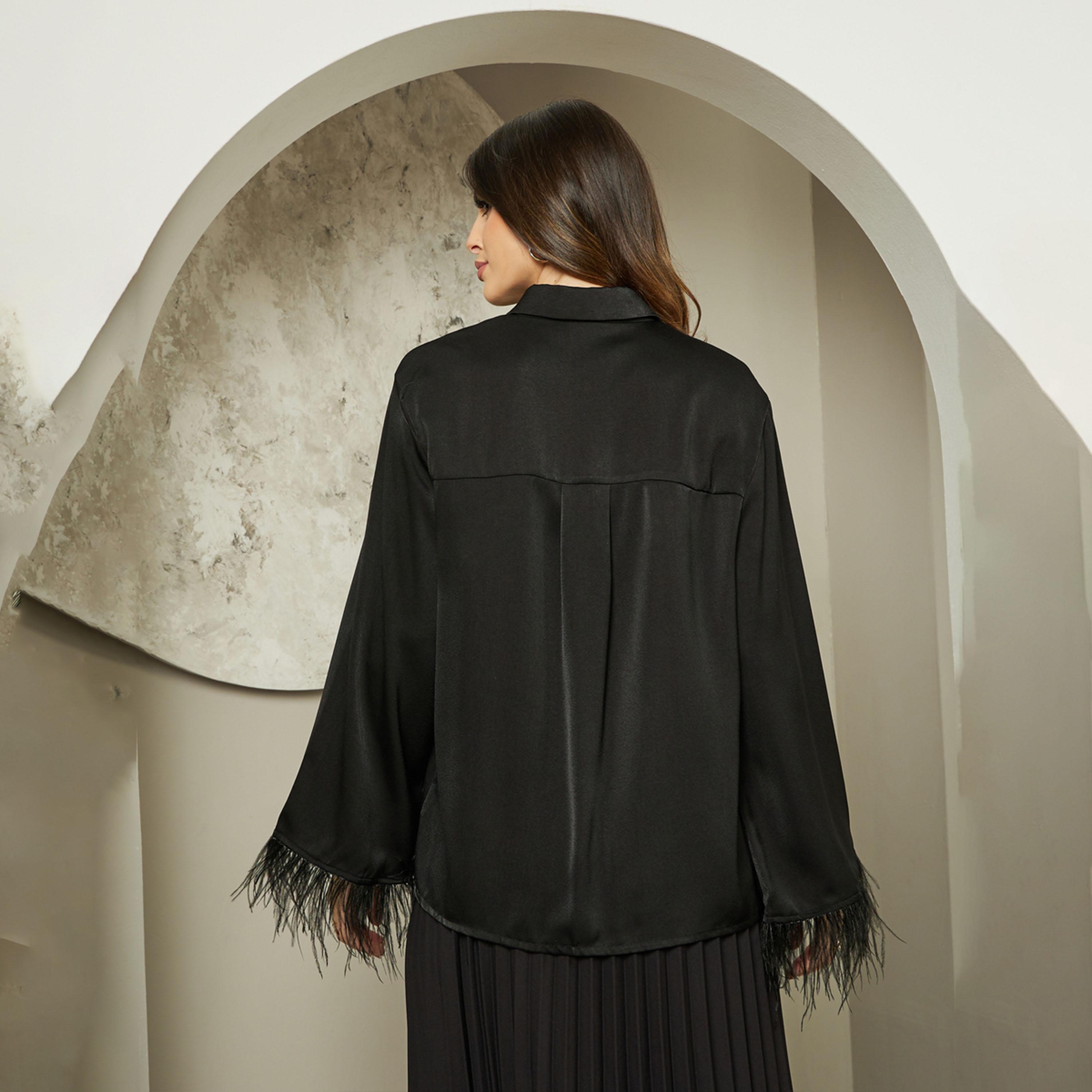 ستايلي-  قميص اوفر سايز ساتان بأكمام جرس وأكمام جرس مزين بالريش-women-clothing-shirtsandblouses-shirts-image-5