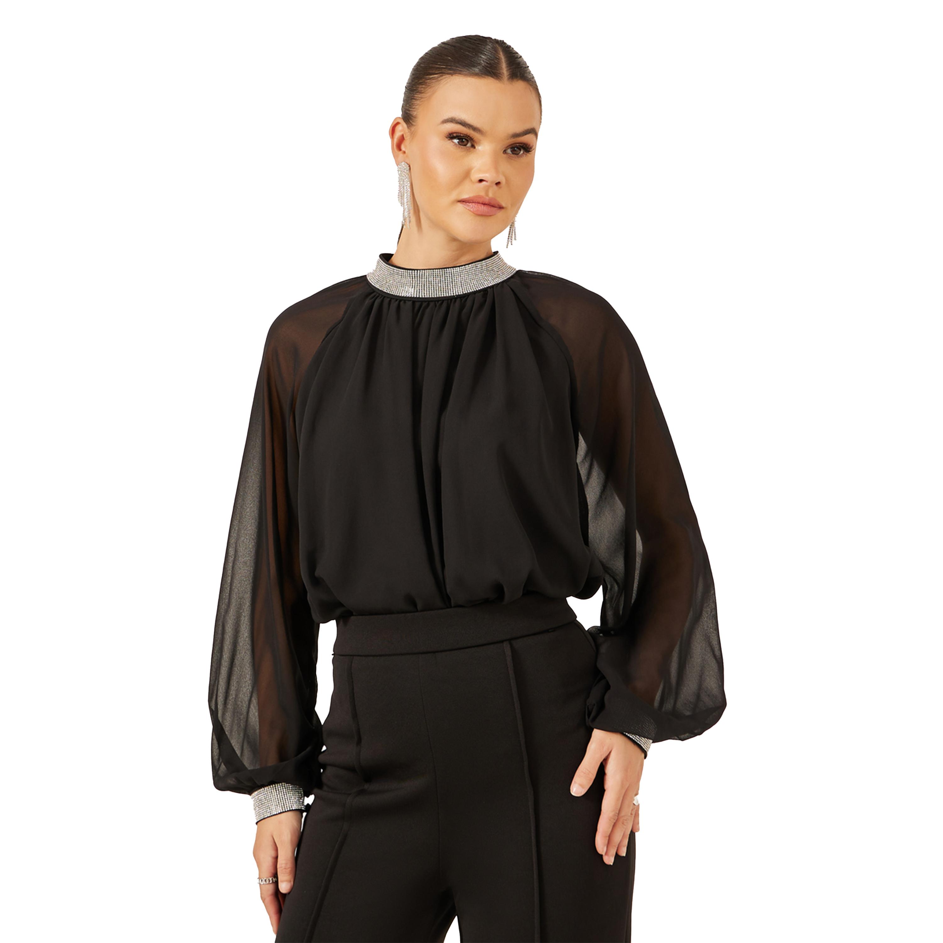 ستايلي - بلوزة مزينة بياقة عالية وأكمام شفافة-women-clothing-shirtsandblouses-blouses-image-1