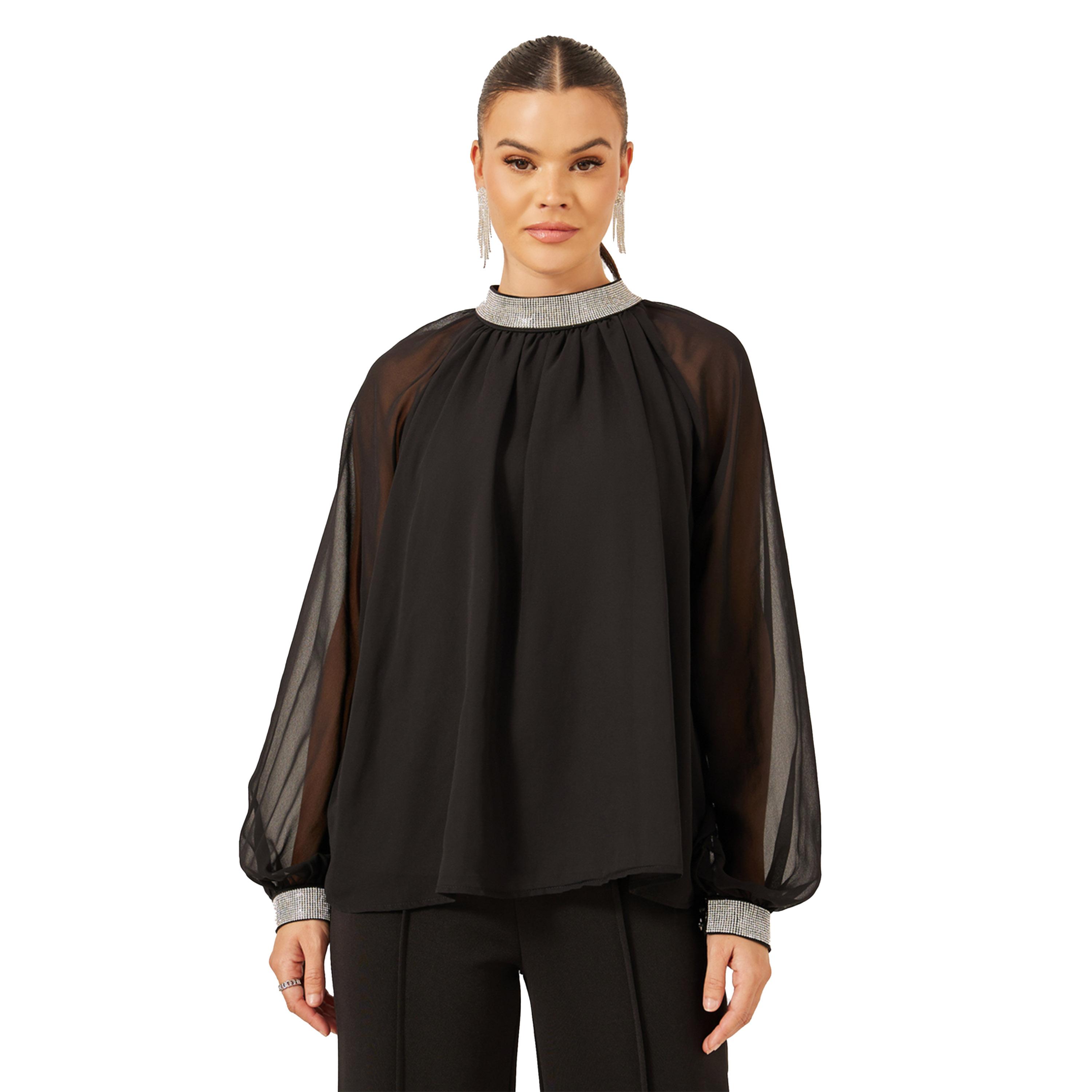 ستايلي - بلوزة مزينة بياقة عالية وأكمام شفافة-women-clothing-shirtsandblouses-blouses-image-2