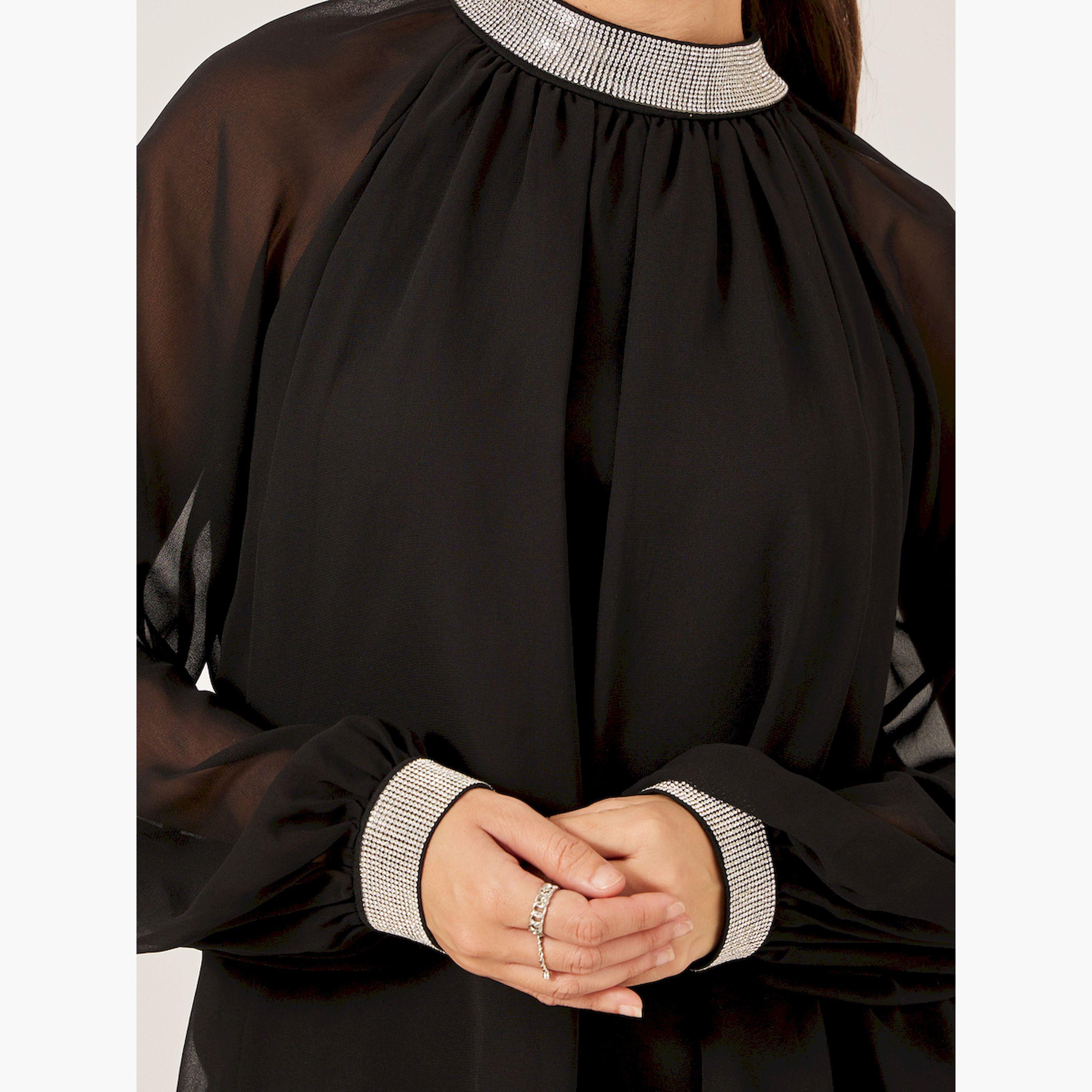 ستايلي - بلوزة مزينة بياقة عالية وأكمام شفافة-women-clothing-shirtsandblouses-blouses-image-4