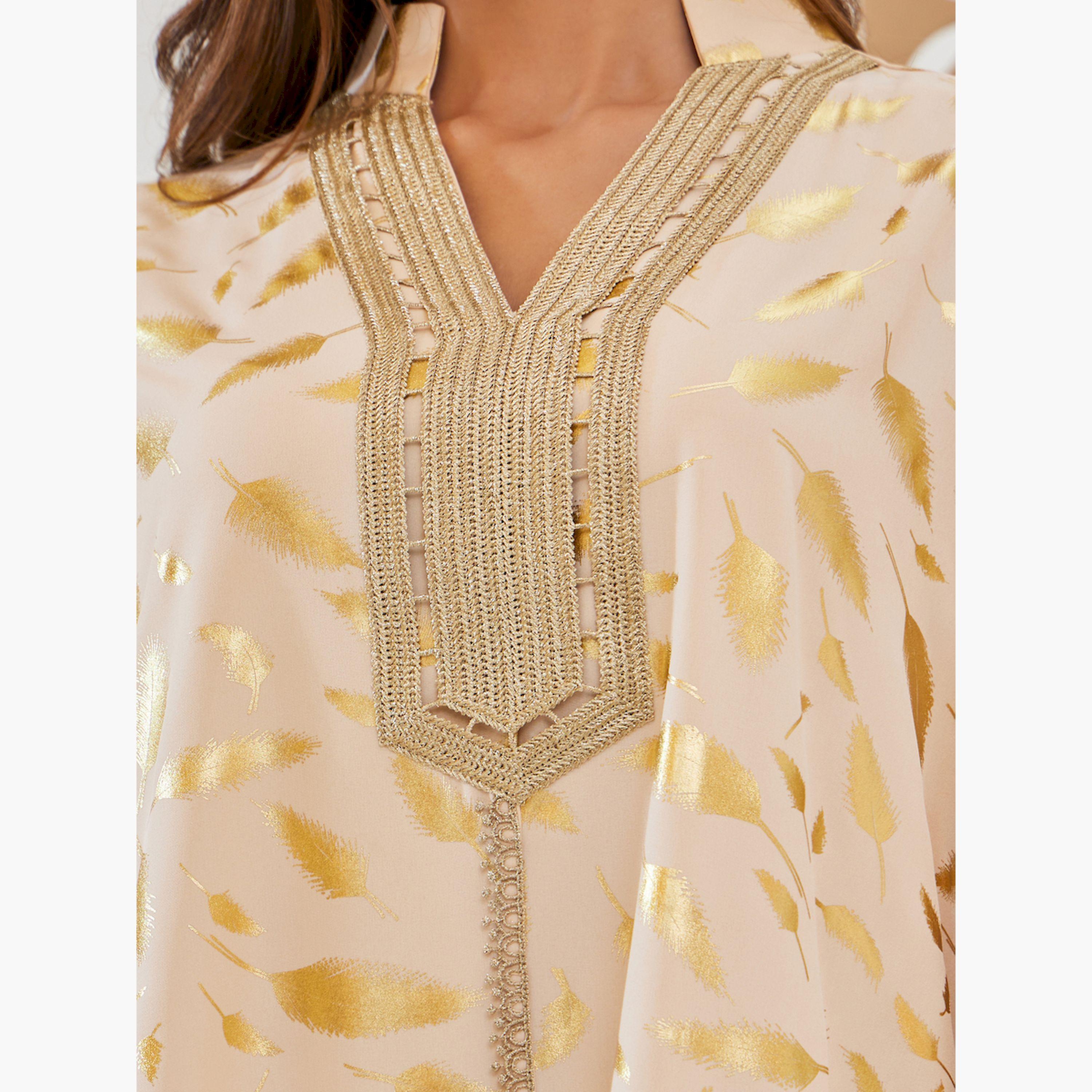 Styli Foil Print A-Line Jalabiya with Lace Trim-women-arabicclothing-jalabiyas-image-4
