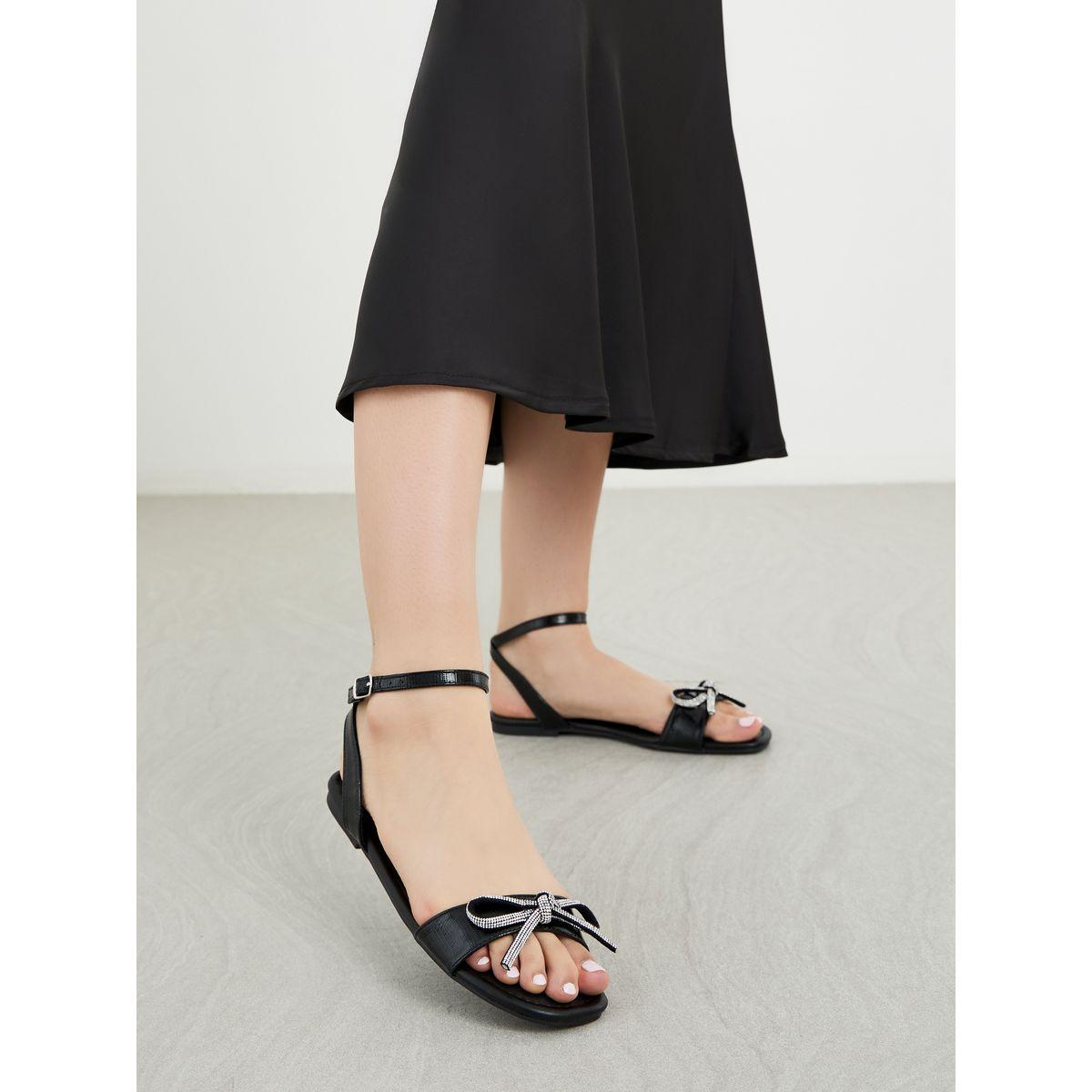 Styli Embellished Bow Detail Ankle Strap Flat Sandals-women-shoes-sandals-flats-image-1