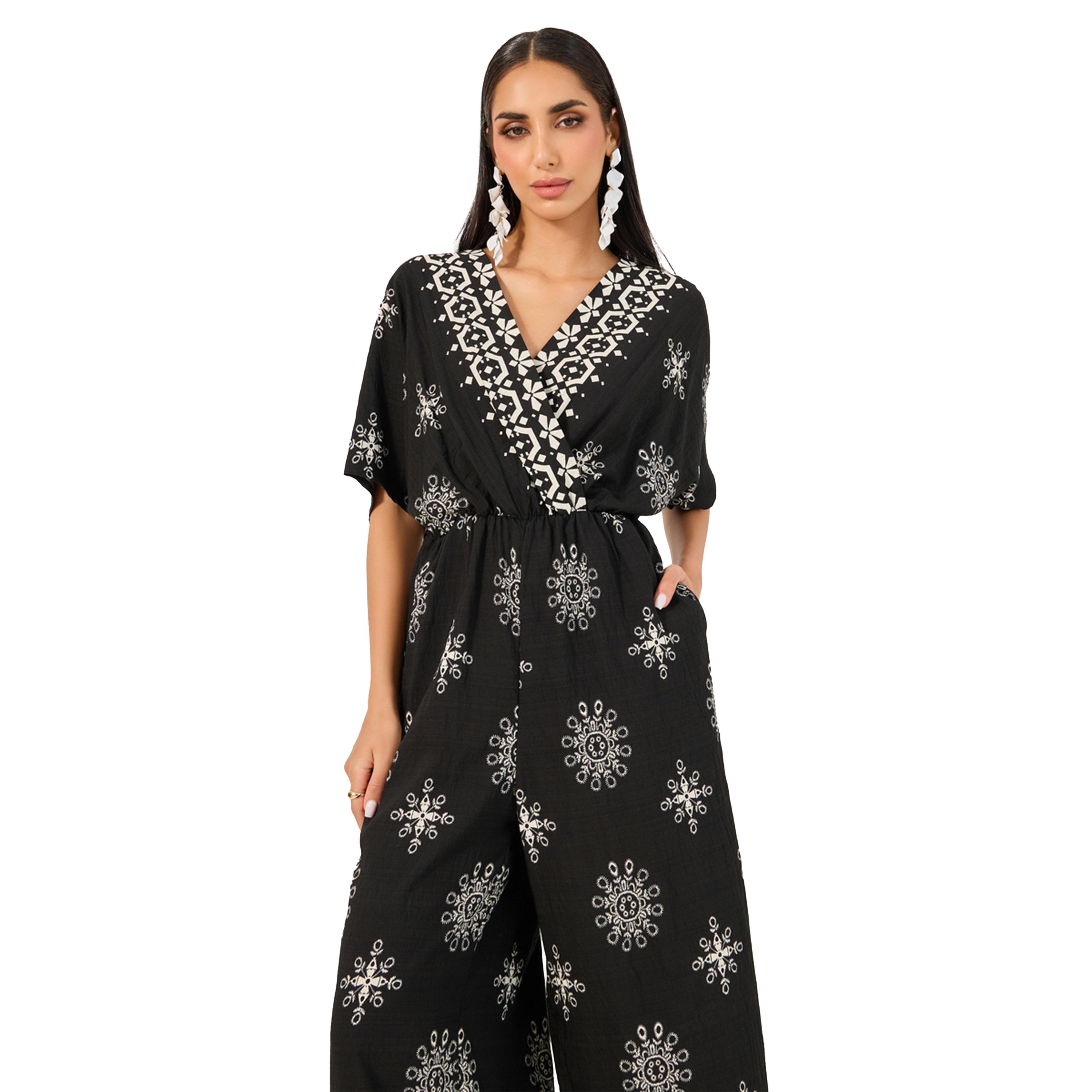 ستايلي - جمبسوت مطبوع برقبة V وأكمام قصيرة-women-clothing-jumpsuits-image-2