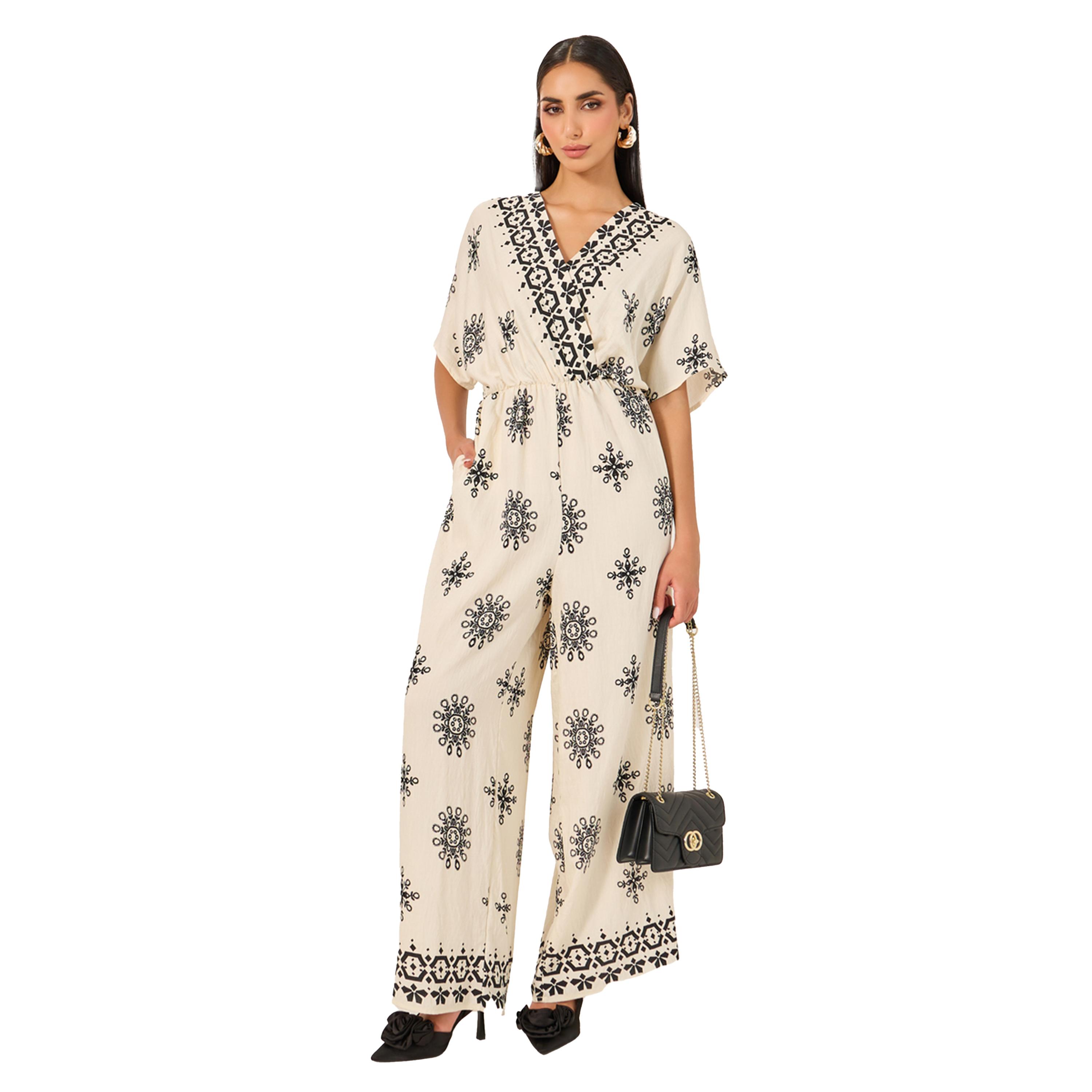 ستايلي - جمبسوت مطبوع برقبة V وأكمام نصفية-women-clothing-jumpsuits-image-1