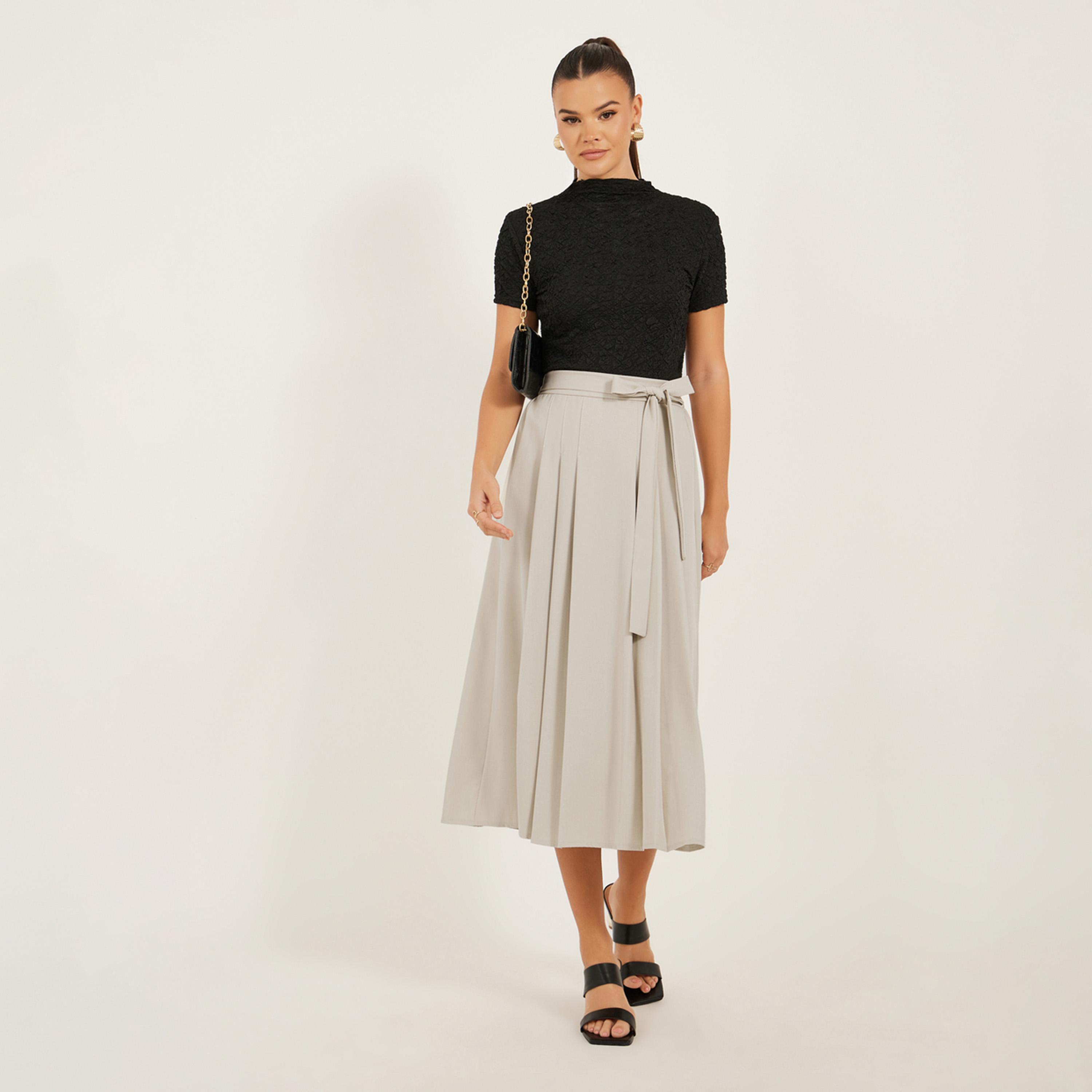 Styli Pleated A-Line Midi Skirt with Tie-Up Detail-women-clothing-bottoms-skirts-image-1
