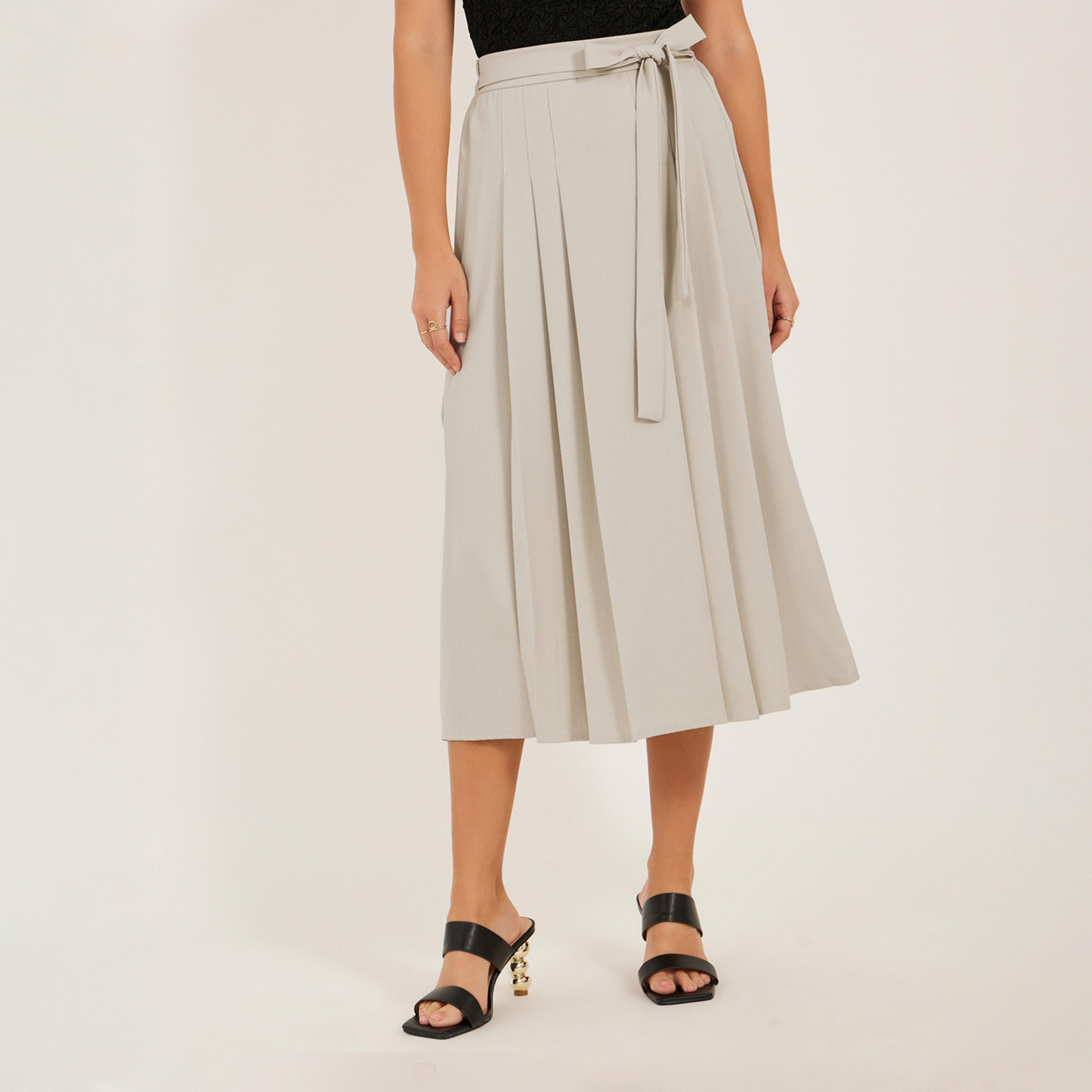 ستايلي - تنورة ميدي بكسرات وقصة A مع تفاصيل رباط-women-clothing-bottoms-skirts-image-2