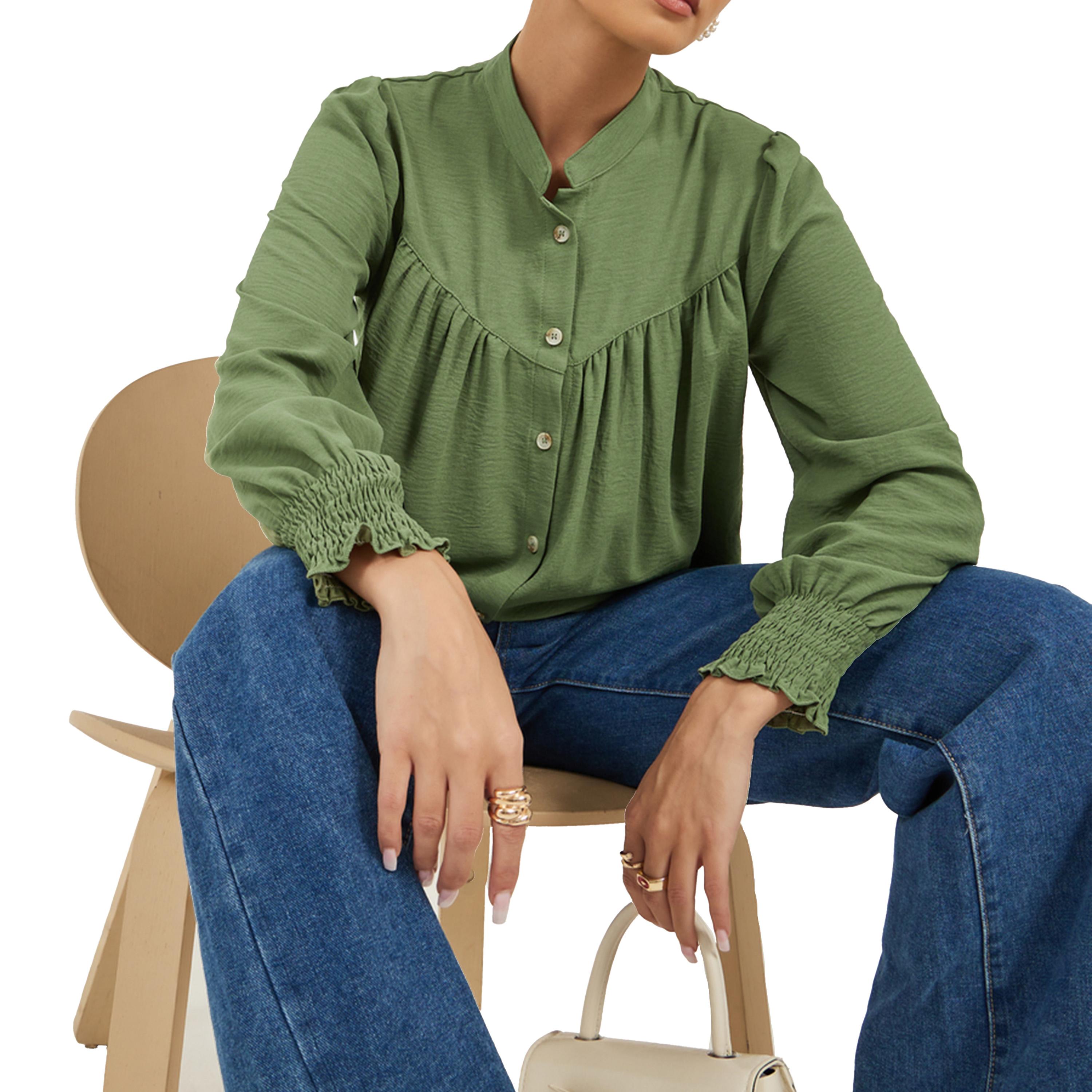Styli Textured Band Collar Shirt with Smocked Cuffs-women-clothing-shirtsandblouses-shirts-image-1