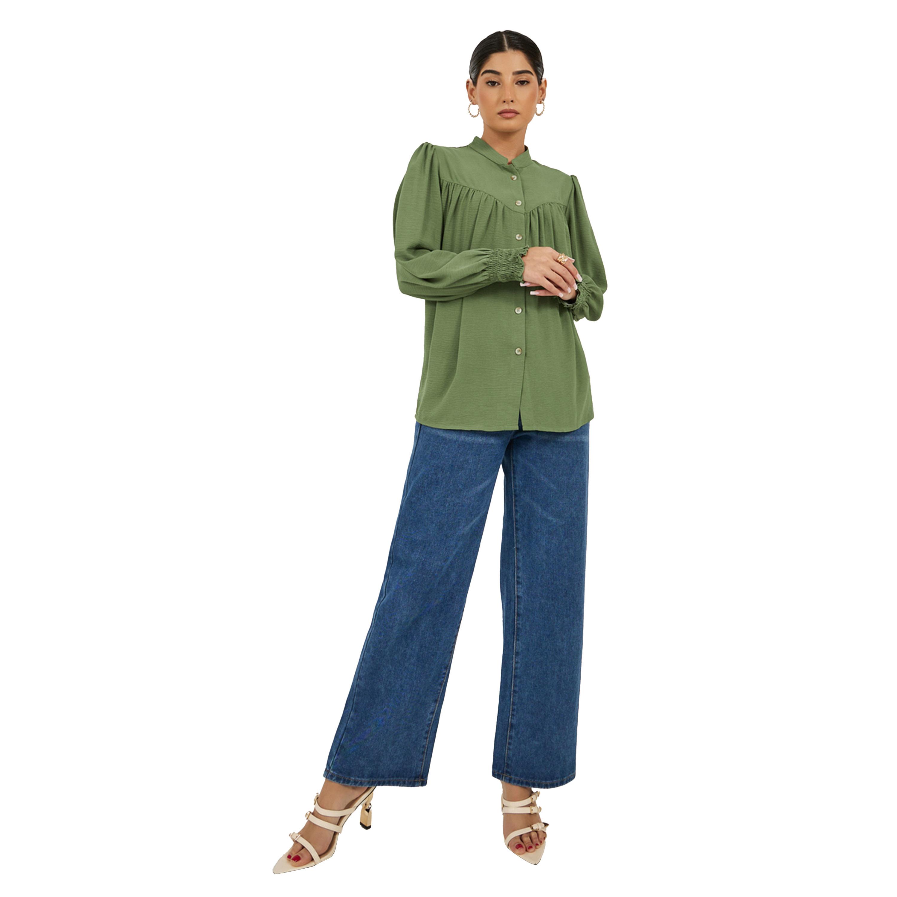Styli Textured Band Collar Shirt with Smocked Cuffs-women-clothing-shirtsandblouses-shirts-image-2