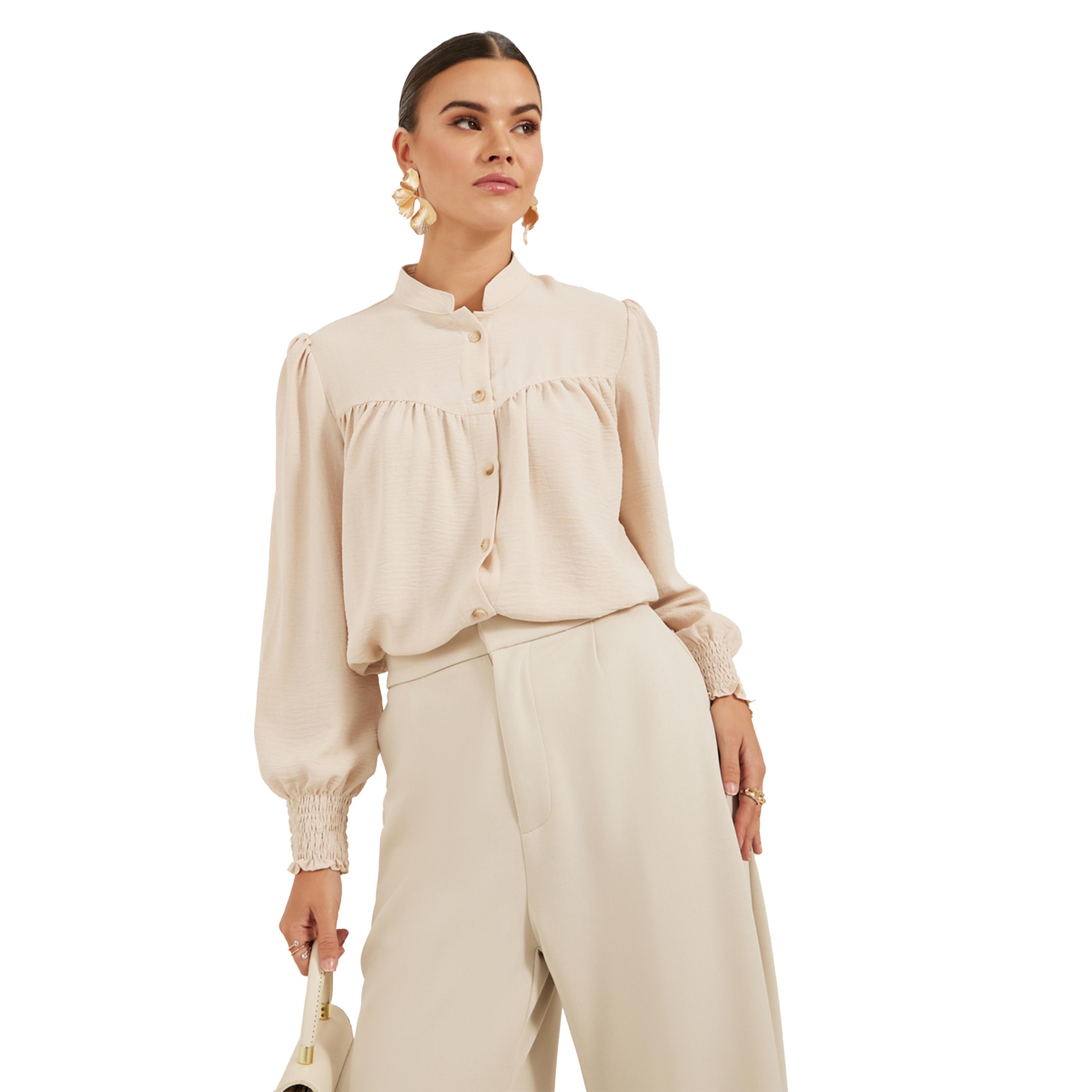 Styli Textured Band Collar Shirt with Smocked Cuffs-women-clothing-shirtsandblouses-shirts-image-3