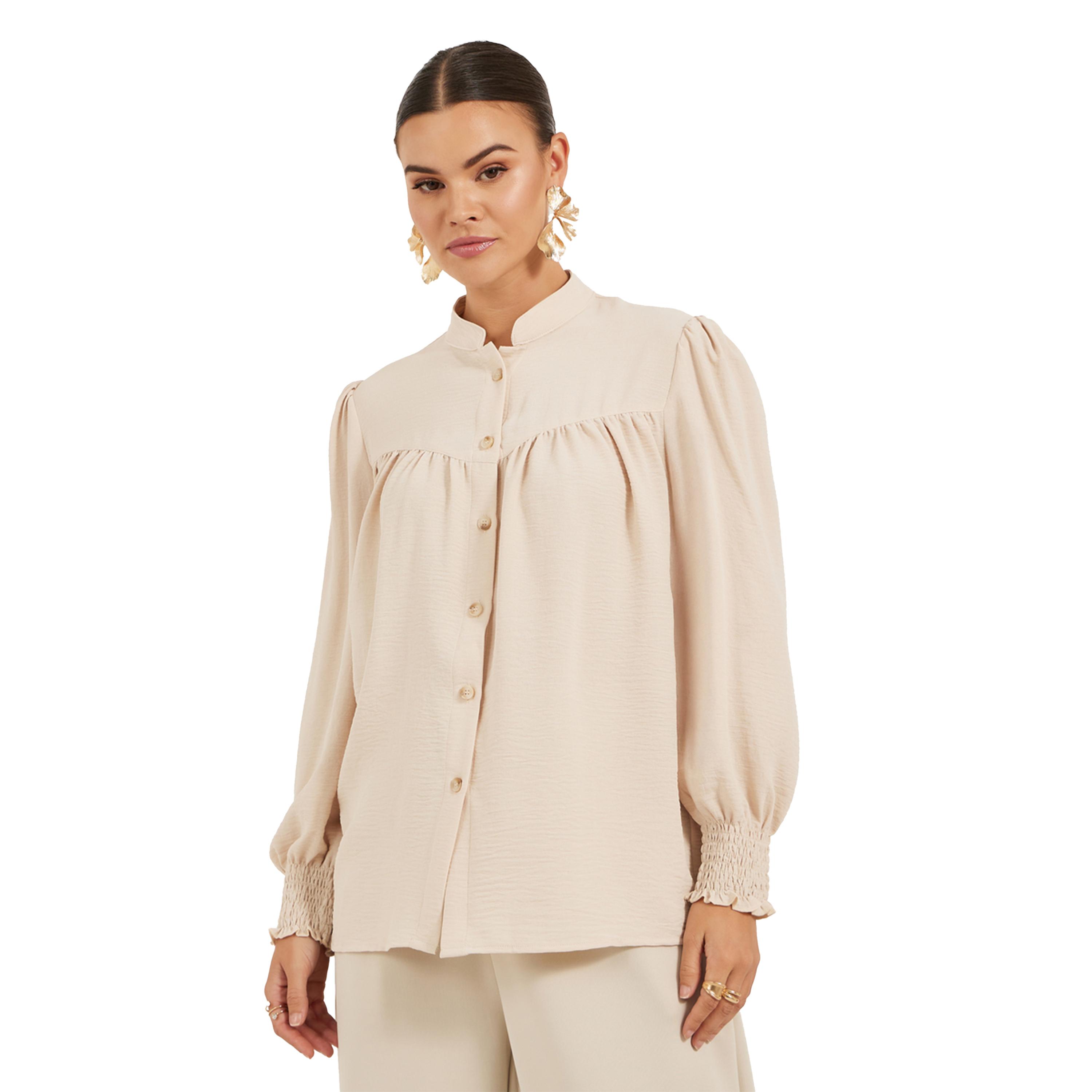 Styli Textured Band Collar Shirt with Smocked Cuffs-women-clothing-shirtsandblouses-shirts-image-4