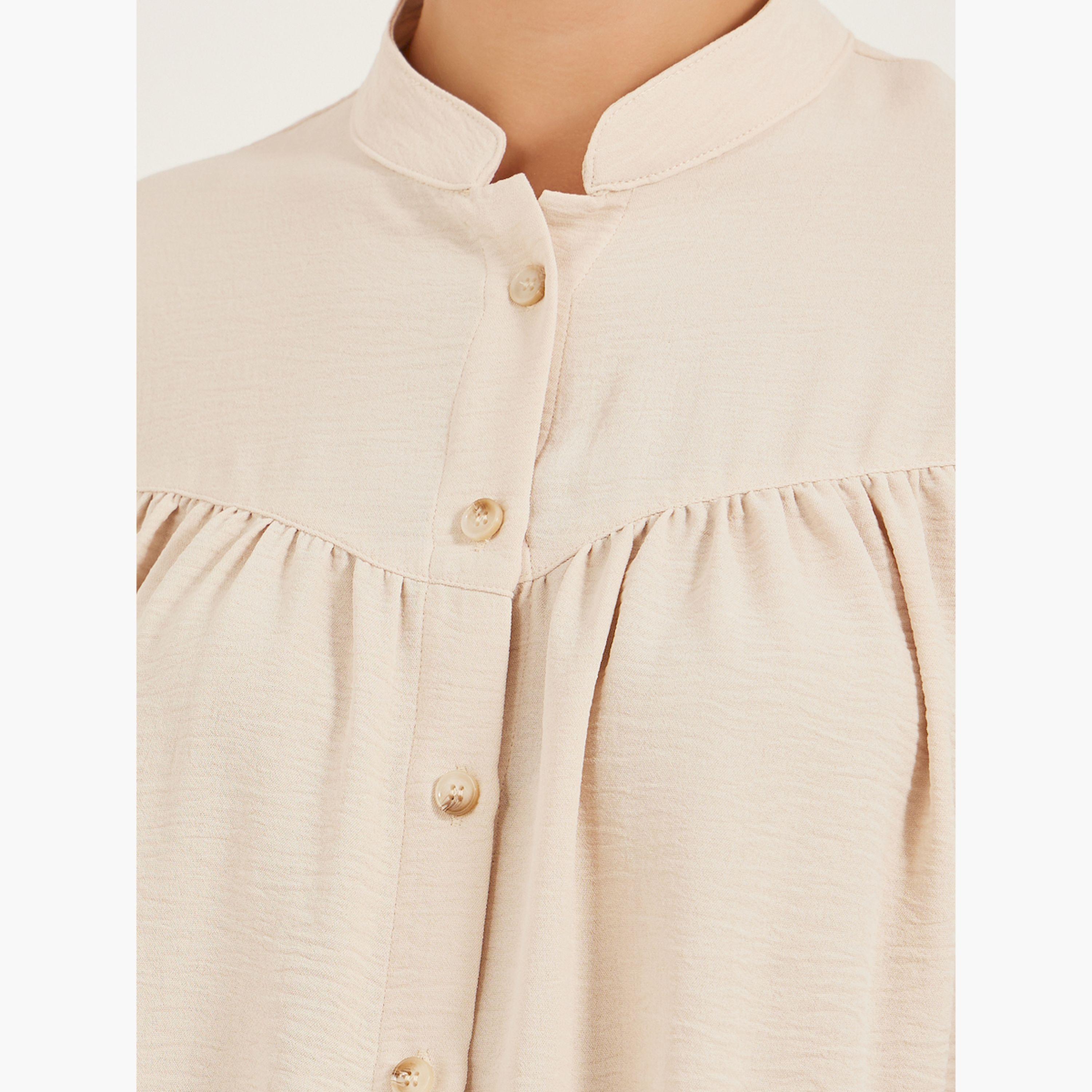 Styli Textured Band Collar Shirt with Smocked Cuffs-women-clothing-shirtsandblouses-shirts-image-5