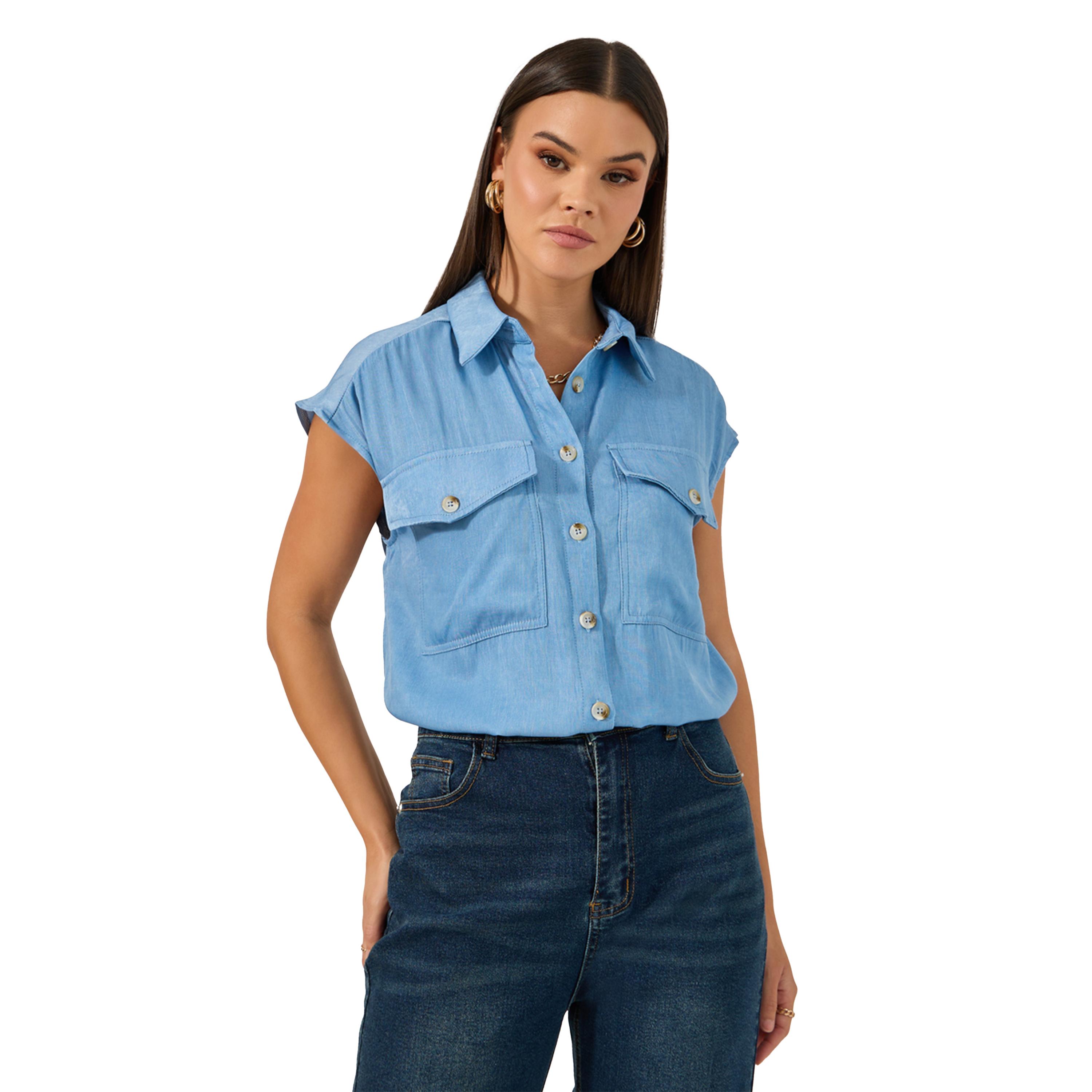 Styli Solid Sleeveless Denim Shirt-women-clothing-shirtsandblouses-shirts-image-1