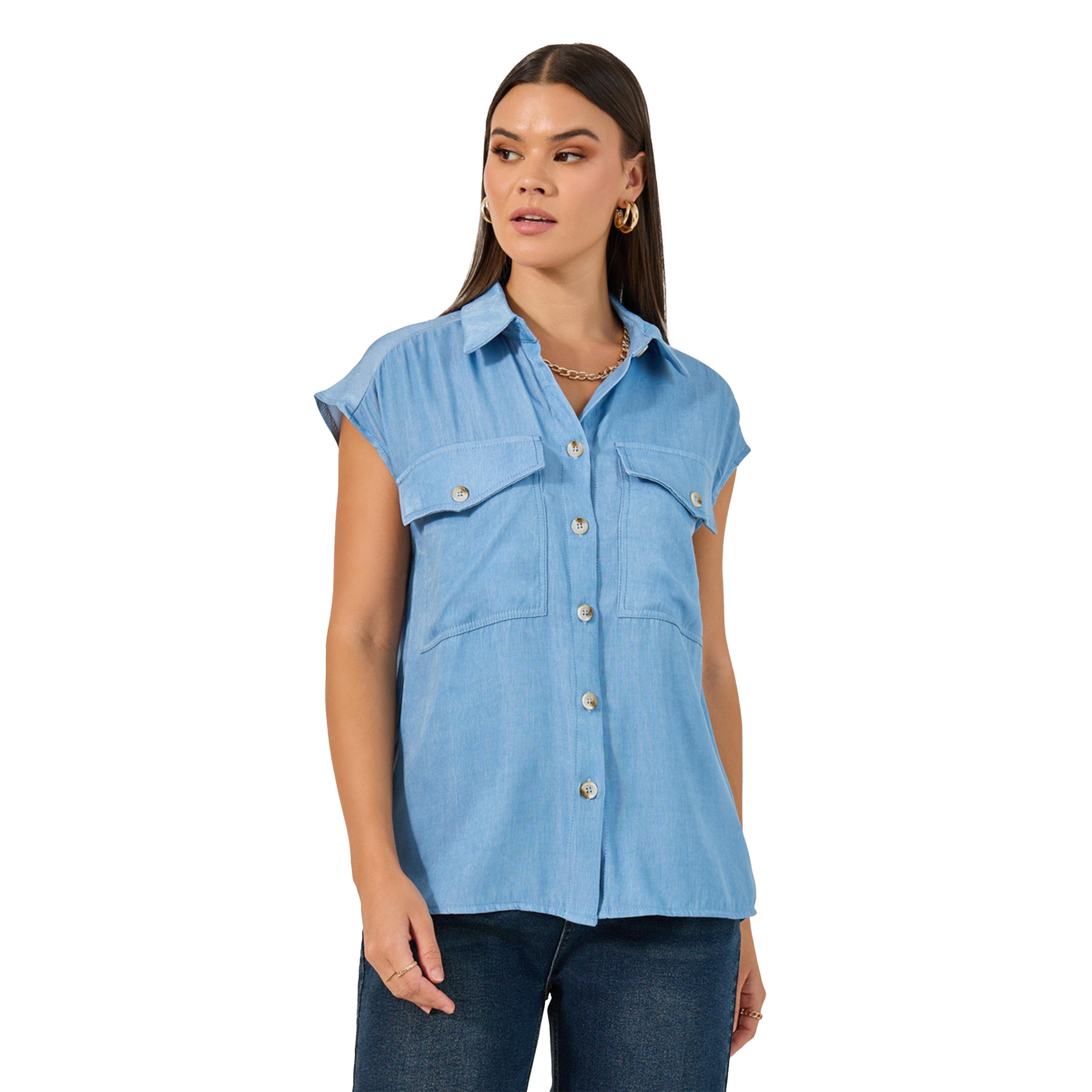 Styli Solid Sleeveless Denim Shirt-women-clothing-shirtsandblouses-shirts-image-2