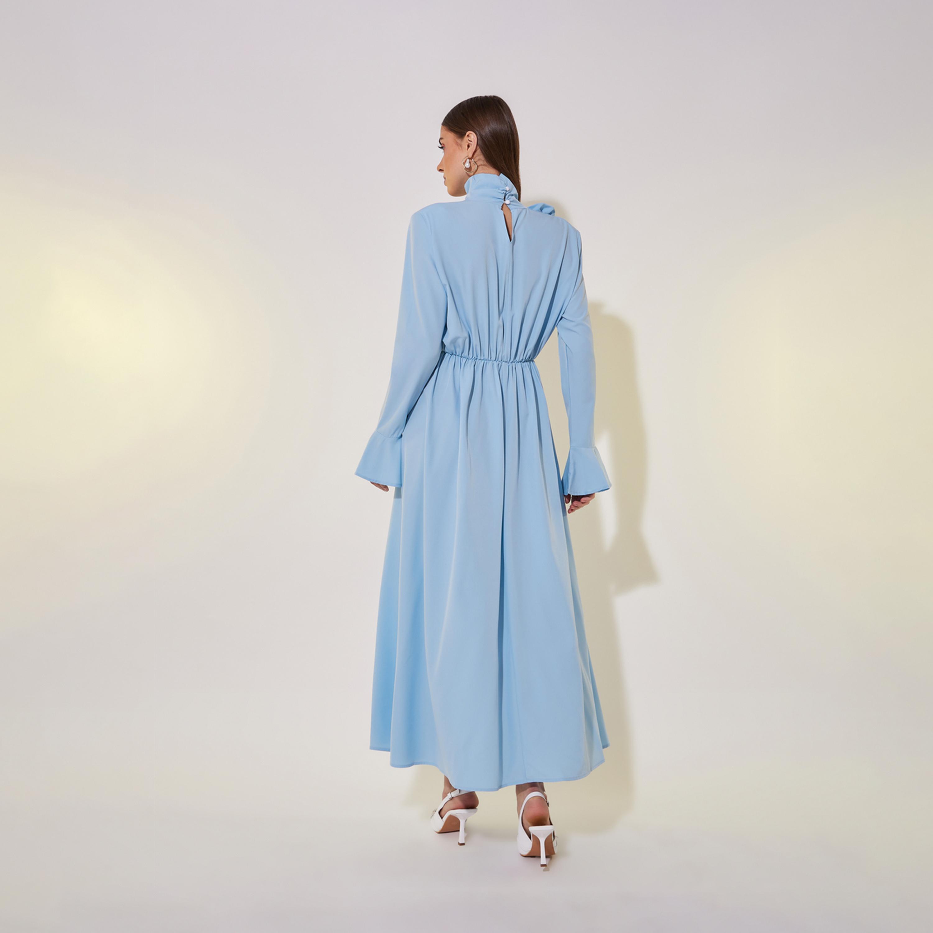 فستان طويل مزين بزهرة وتفاصيل مزمومة-women-clothing-dresses-image-6