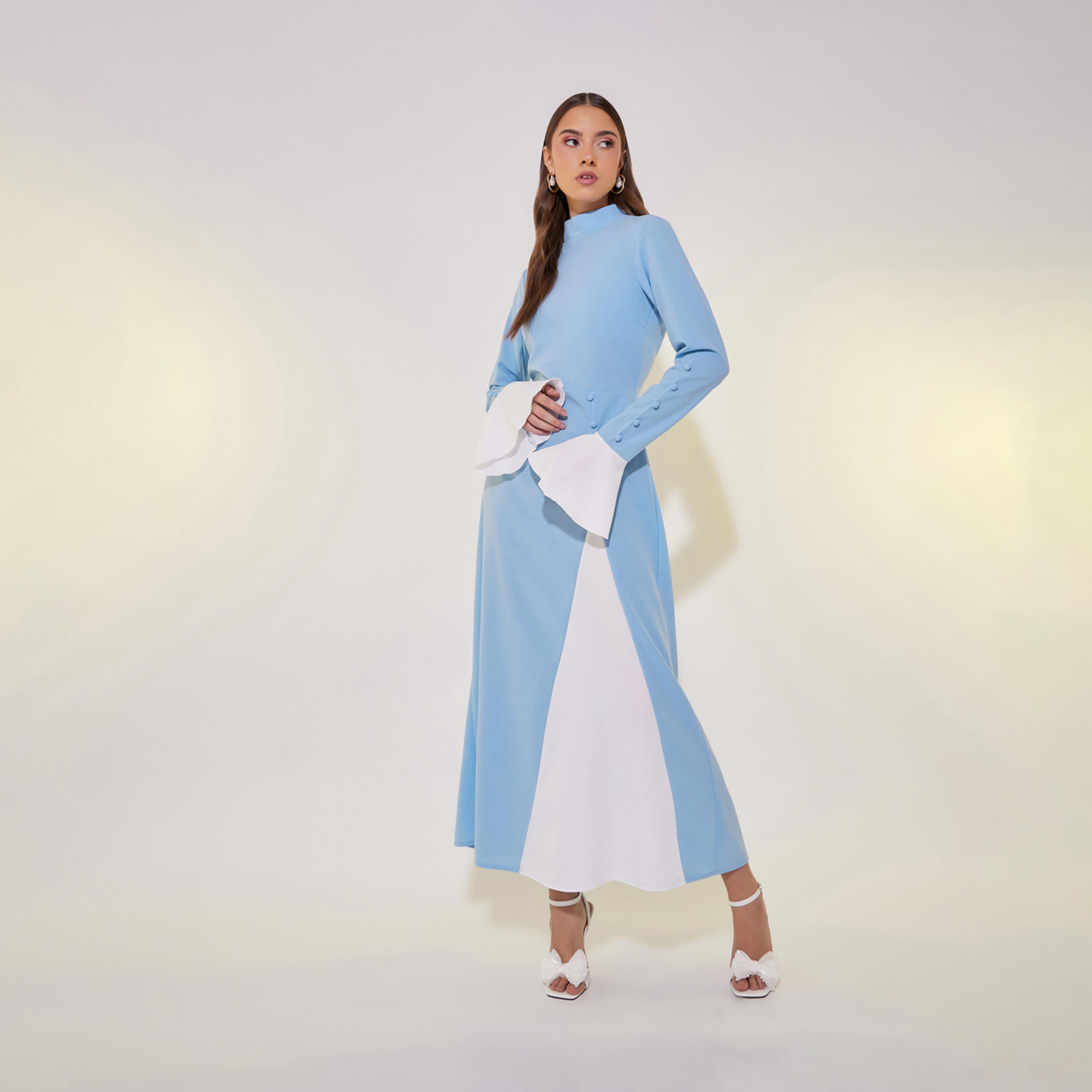 فستان طويل بأكمام طويلة مُتباينة مع أزرار-women-clothing-dresses-image-1