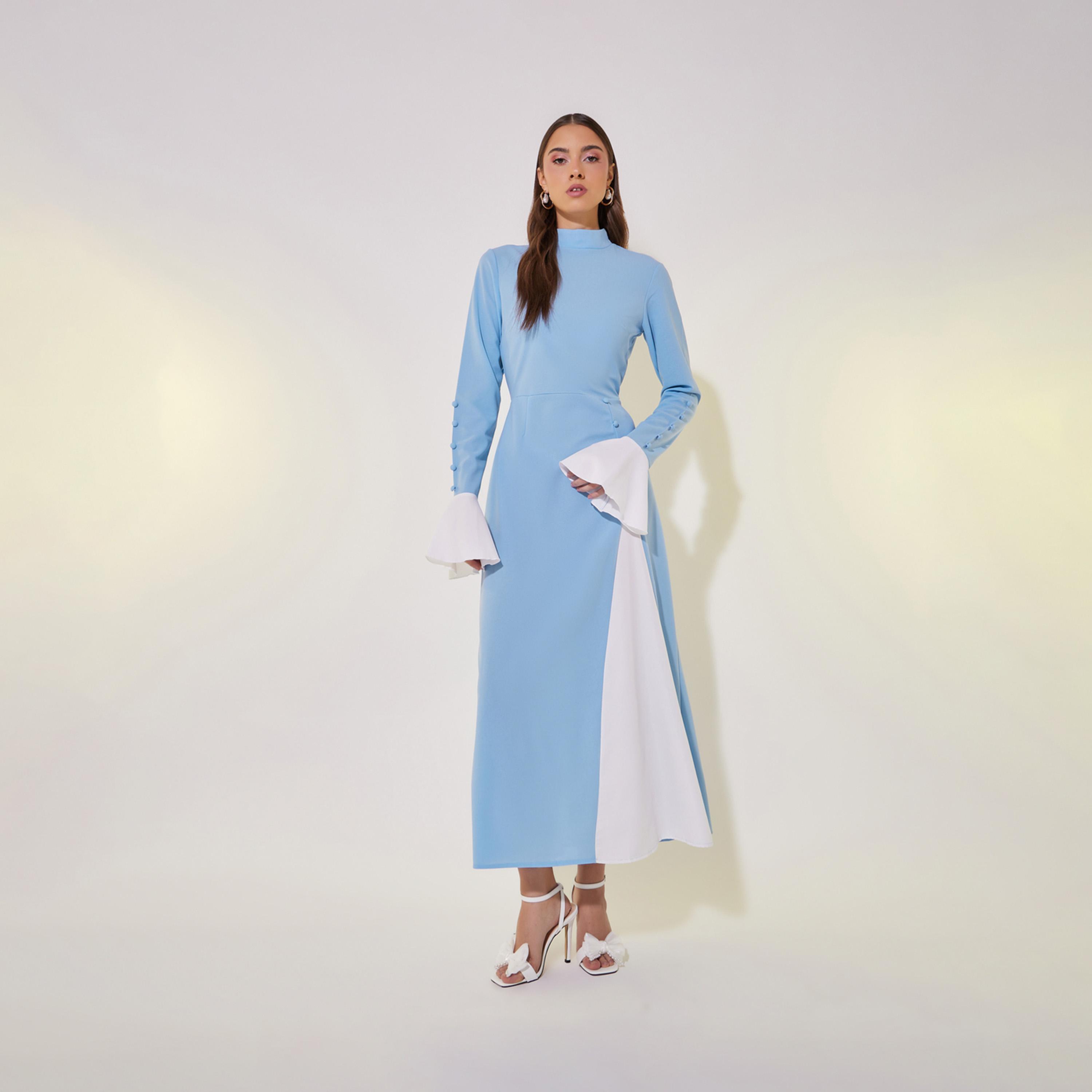 فستان طويل بأكمام طويلة مُتباينة مع أزرار-women-clothing-dresses-image-2