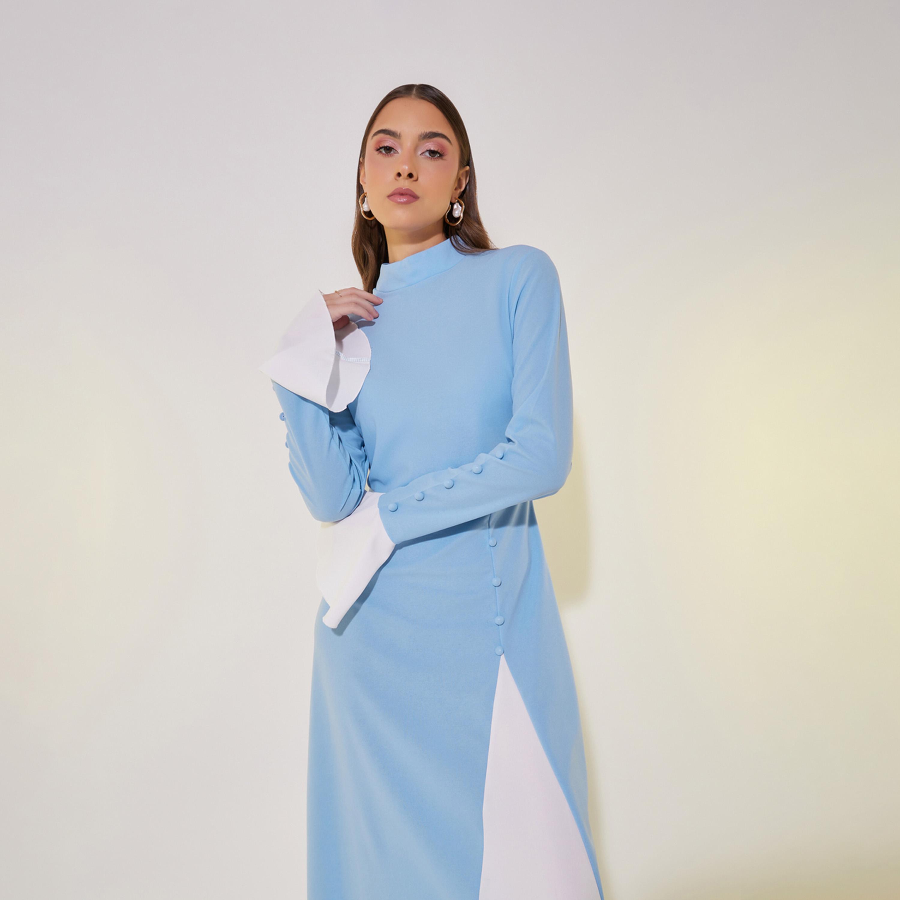 فستان طويل بأكمام طويلة مُتباينة مع أزرار-women-clothing-dresses-image-3