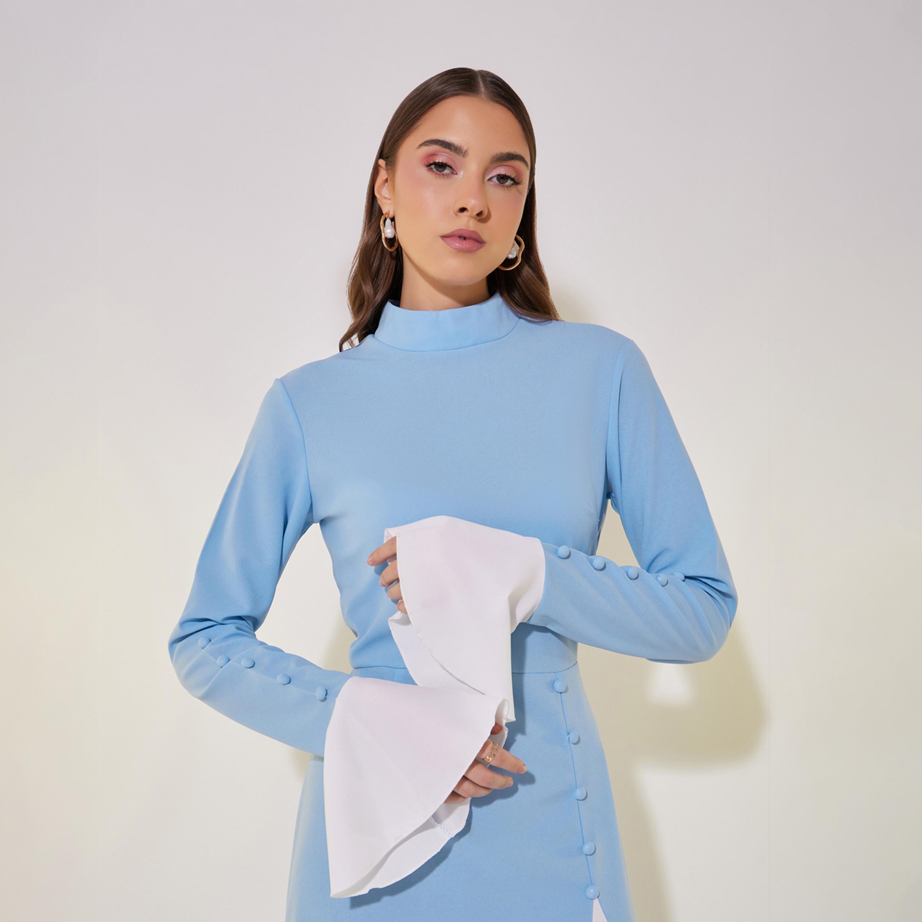 Take Two Contrast Flounce Cuff Maxi Dress with Button Detail-women-clothing-dresses-image-4