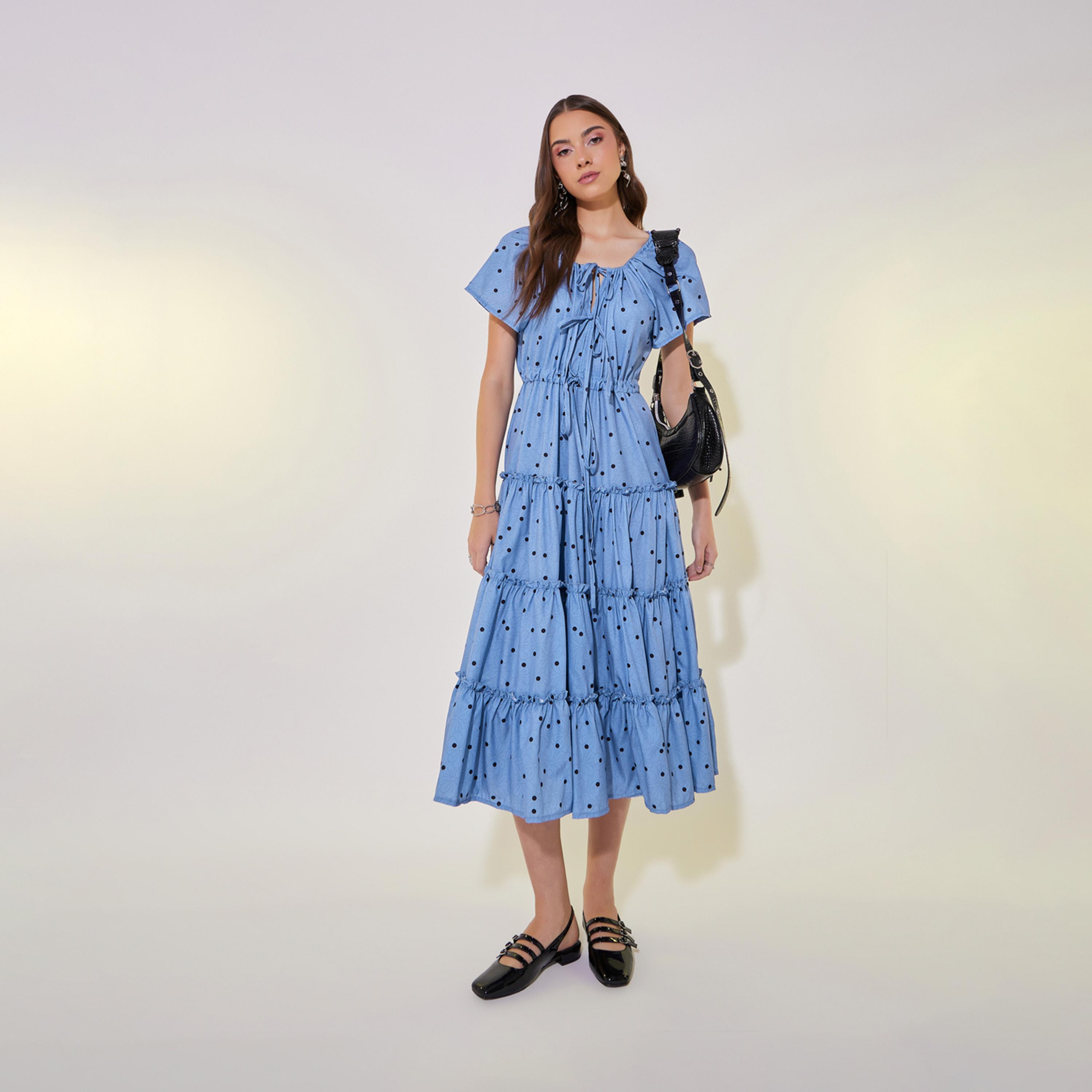 Take Two All-Over Print Puff Sleeve Tiered Midi Dress with Bow Tie-Up Detail-women-clothing-dresses-image-1