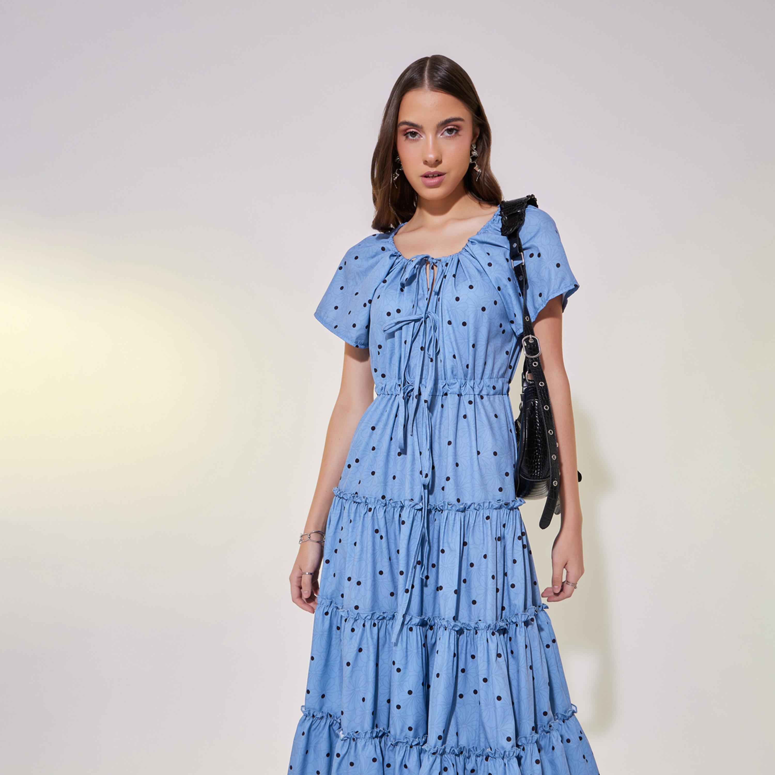 فستان ميدي بأكمام منفوخة مطبع بالكامل-women-clothing-dresses-image-3