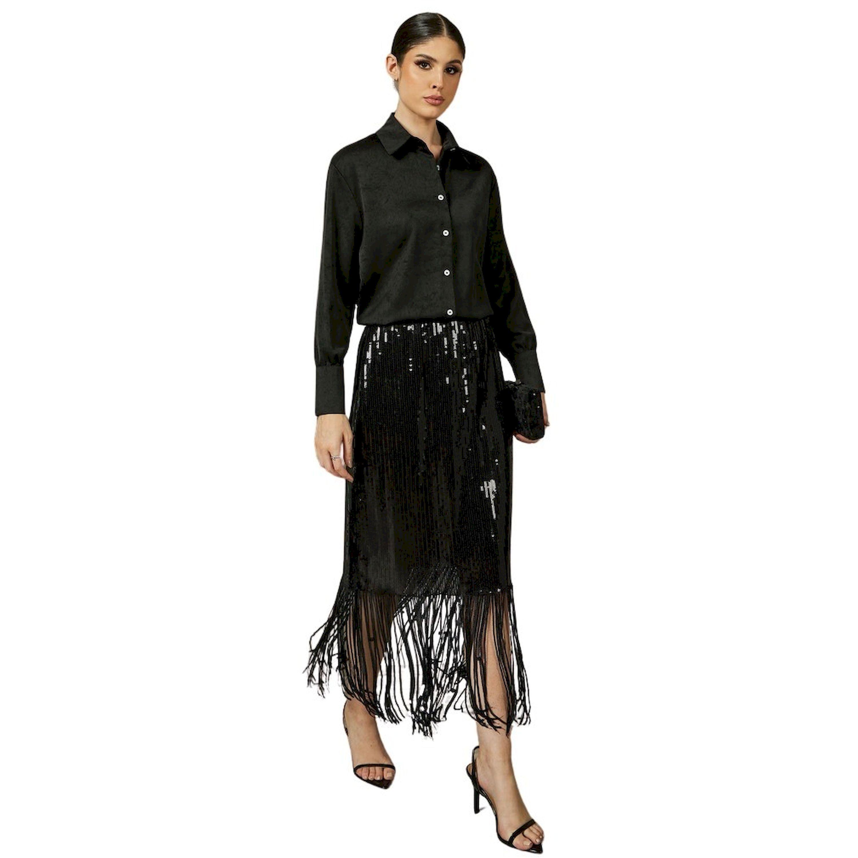 ستايلي - تنورة سهرة متوسطة الطول بتصميم A ومزينة بالترتر - أسود-women-clothing-bottoms-skirts-image-1
