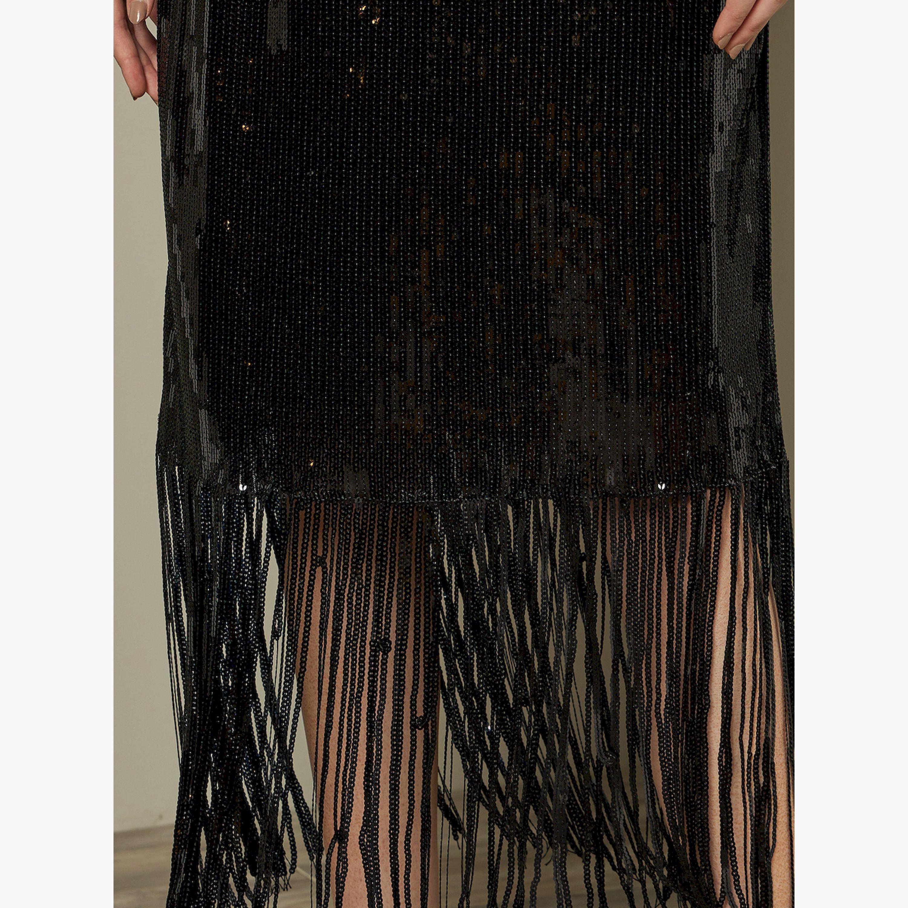 ستايلي - تنورة سهرة متوسطة الطول بتصميم A ومزينة بالترتر - أسود-women-clothing-bottoms-skirts-image-3