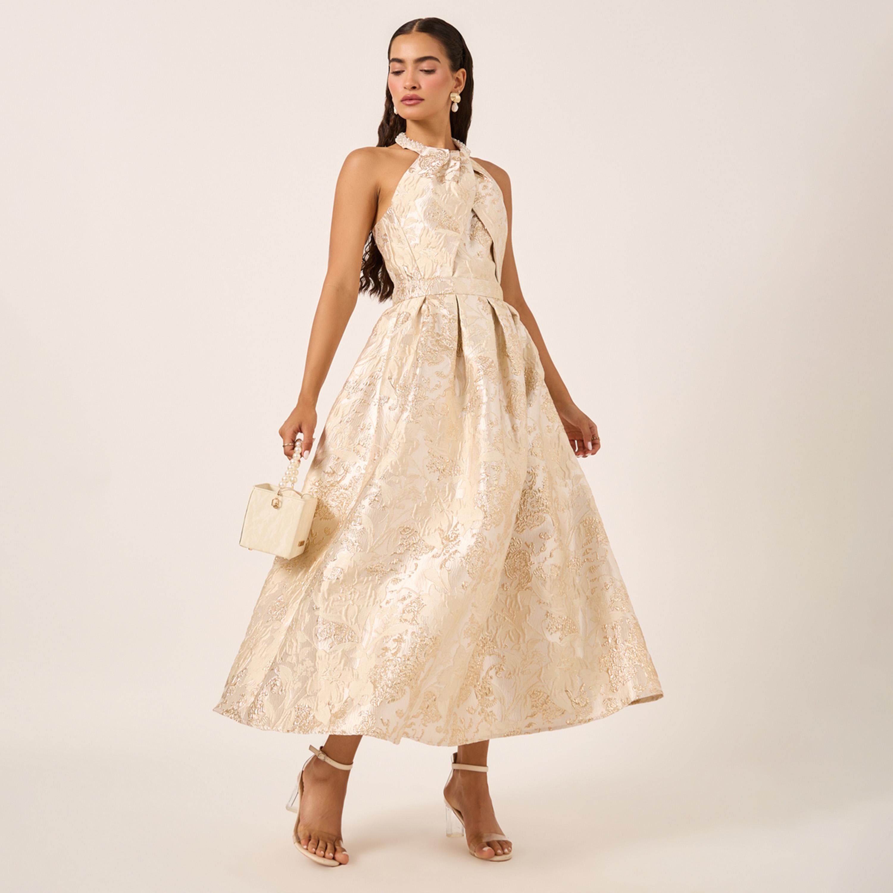 Styli Jacquard Pleated Sleeveless A-Line Maxi Dress-women-clothing-dresses-image-1