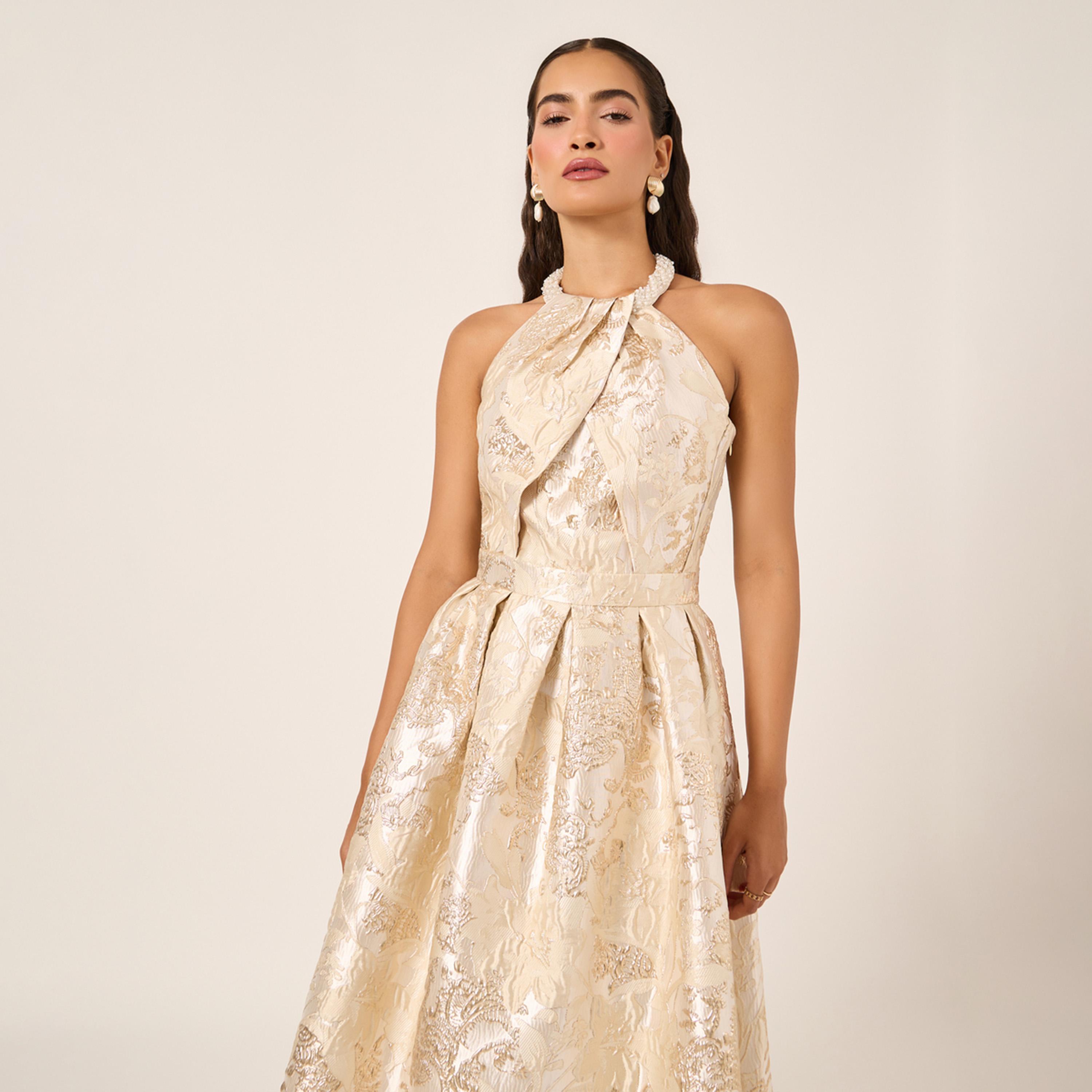 Styli Jacquard Pleated Sleeveless A-Line Maxi Dress-women-clothing-dresses-image-3