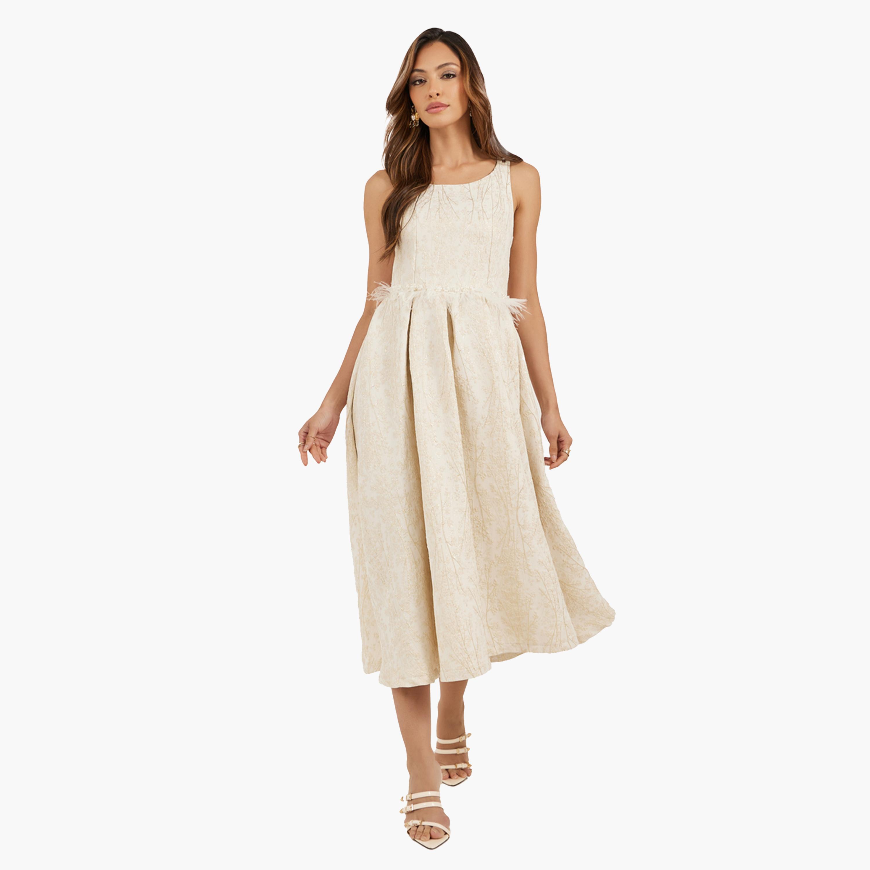 ستايلي - فستان ميدي بدون أكمام بتصميم ذاتي مع تفاصيل ريش صناعي-women-clothing-dresses-image-1