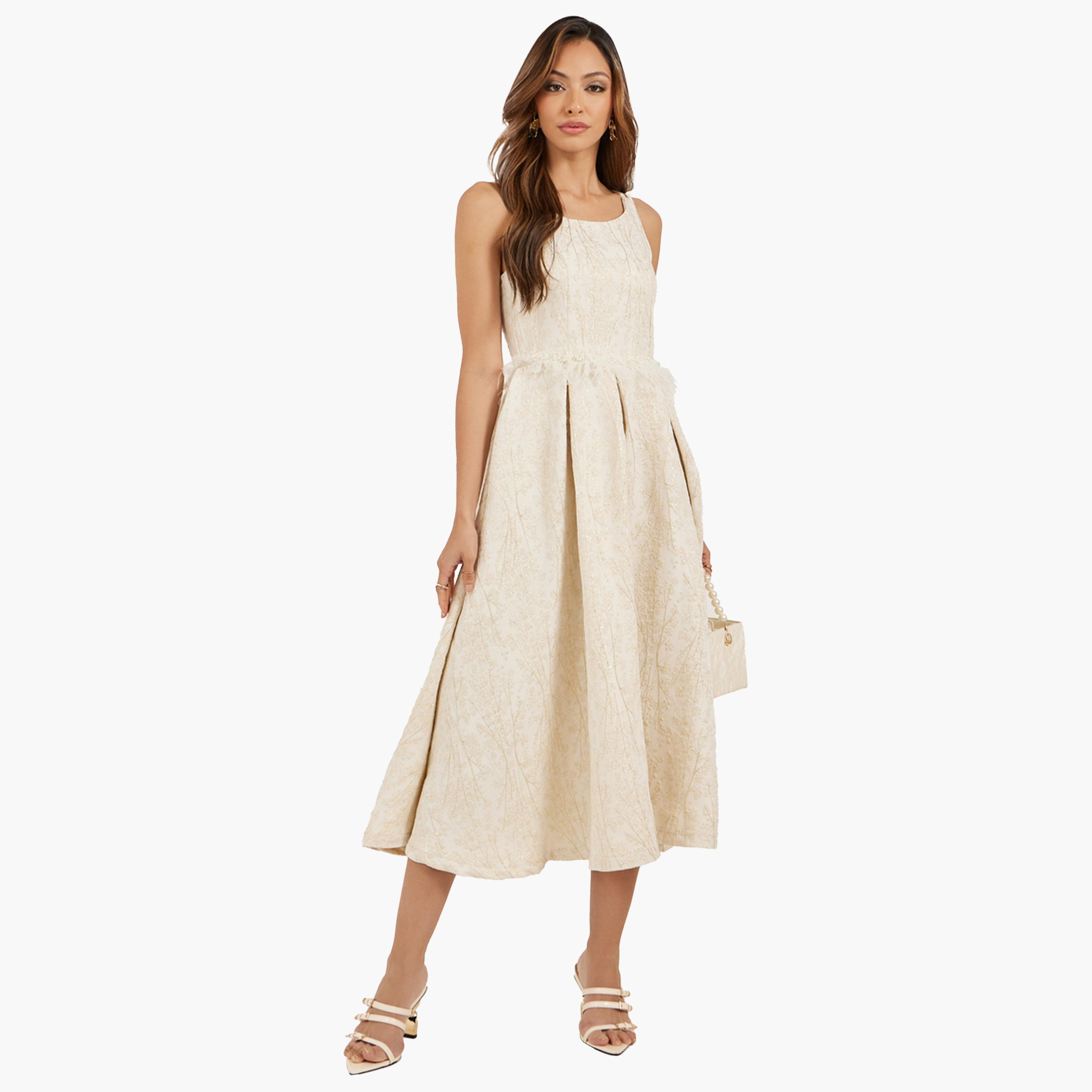 Styli Self Design Sleeveless Pleated A-Line Midi Dress with Faux Feather Detail-women-clothing-dresses-image-2