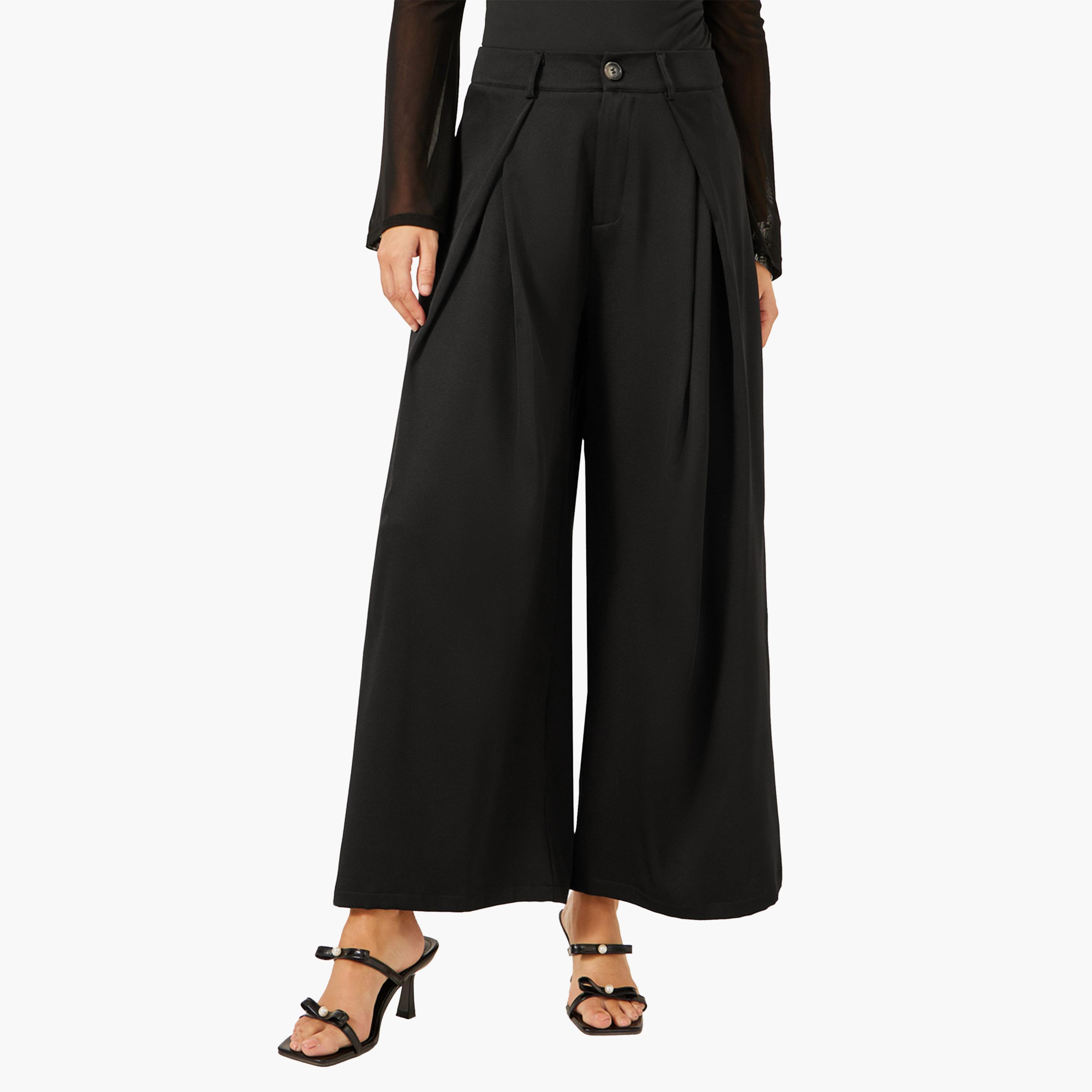 Styli Pleated Black Wide Leg Pants for Women-women-clothing-bottoms-trousers-image-1
