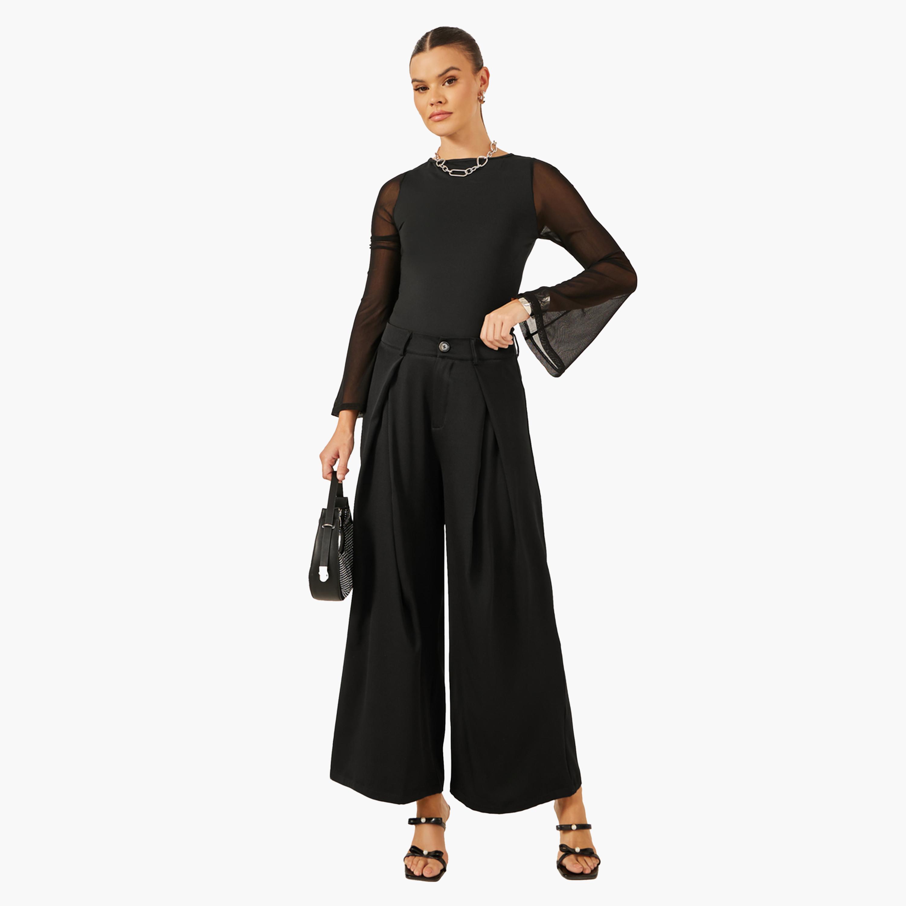 ستايلي - بنطال أسود واسع الساق بكسرات للنساء-women-clothing-bottoms-trousers-image-2