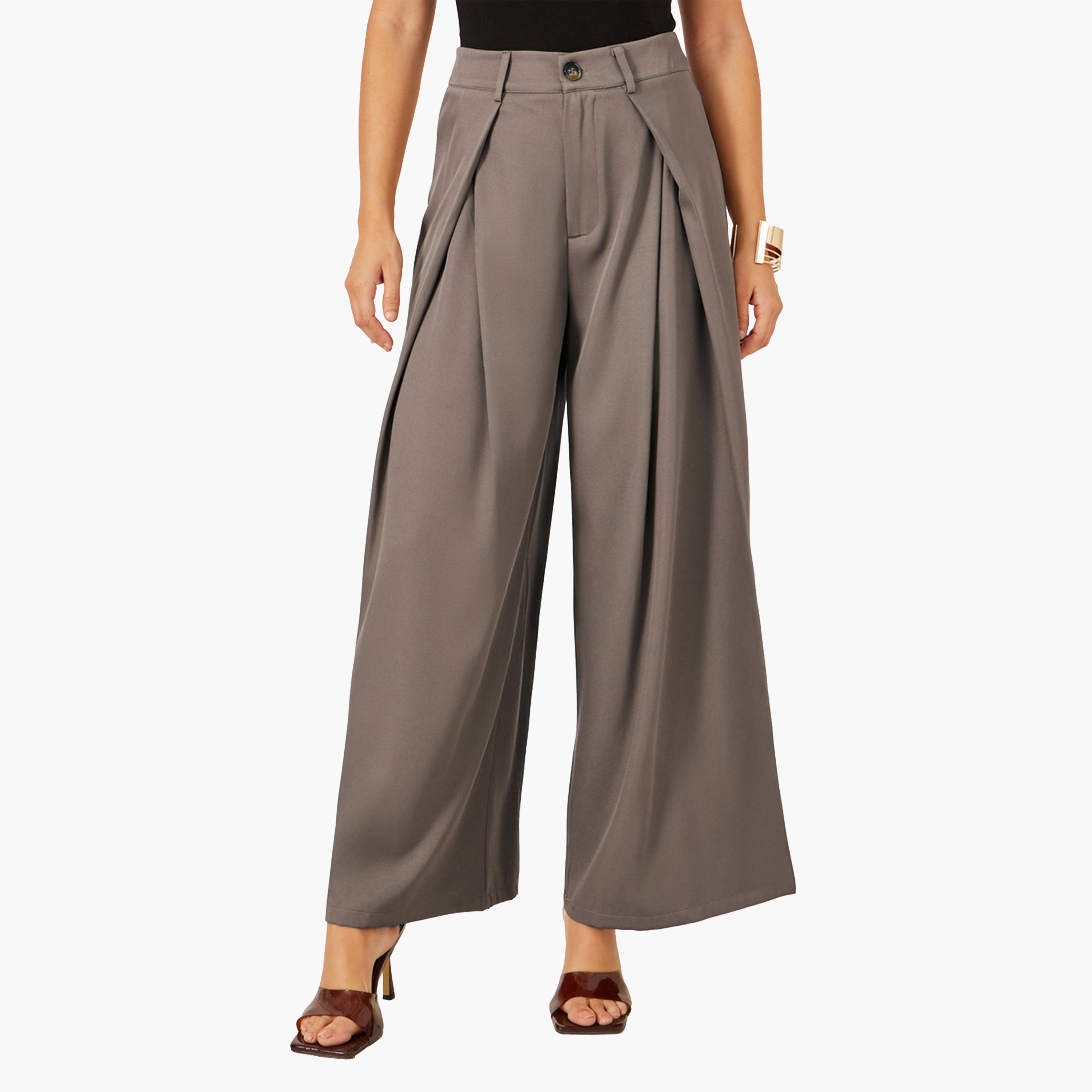 ستايلي - بنطال بيج واسع الساق بكسرات للنساء-women-clothing-bottoms-trousers-image-1