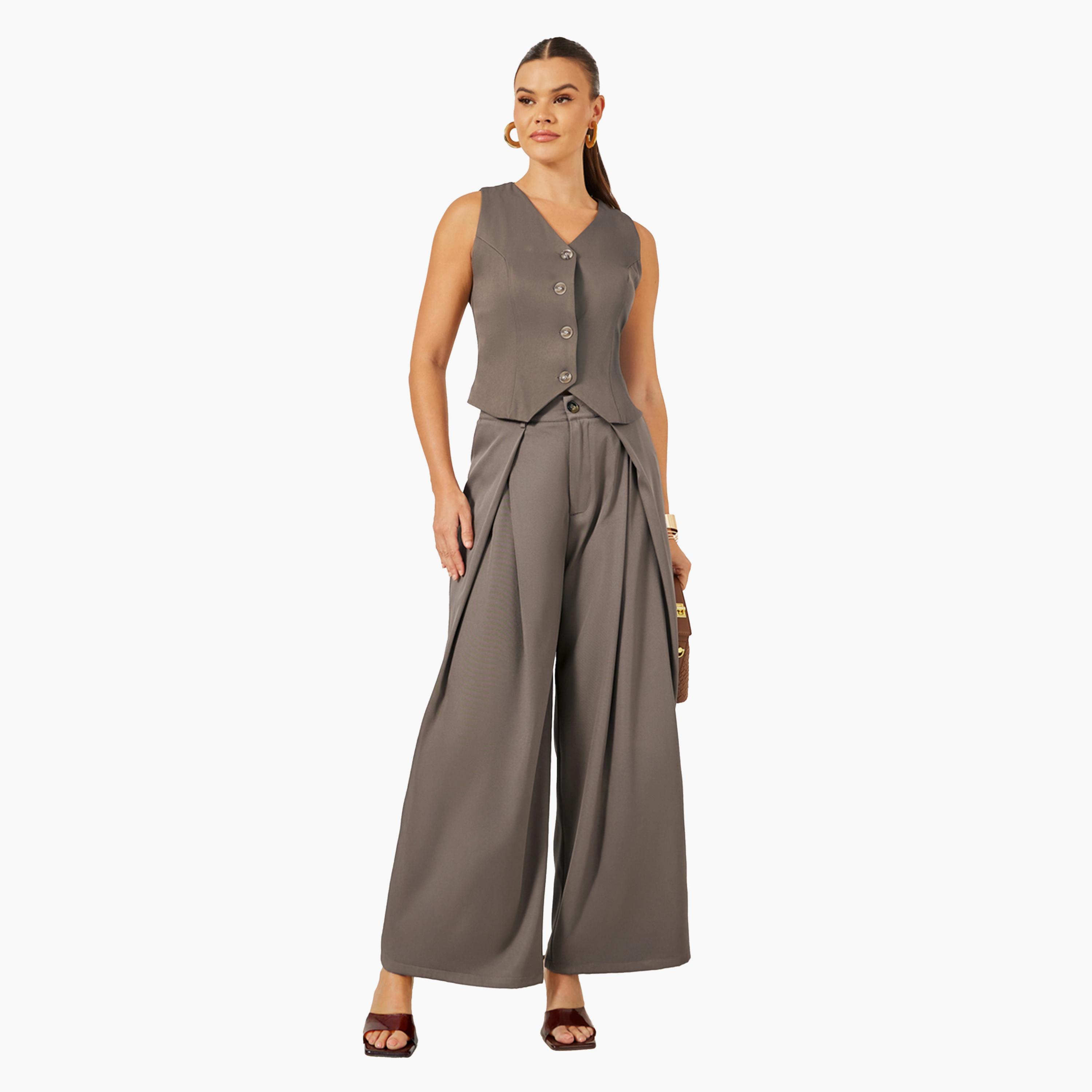 ستايلي - بنطال بيج واسع الساق بكسرات للنساء-women-clothing-bottoms-trousers-image-2