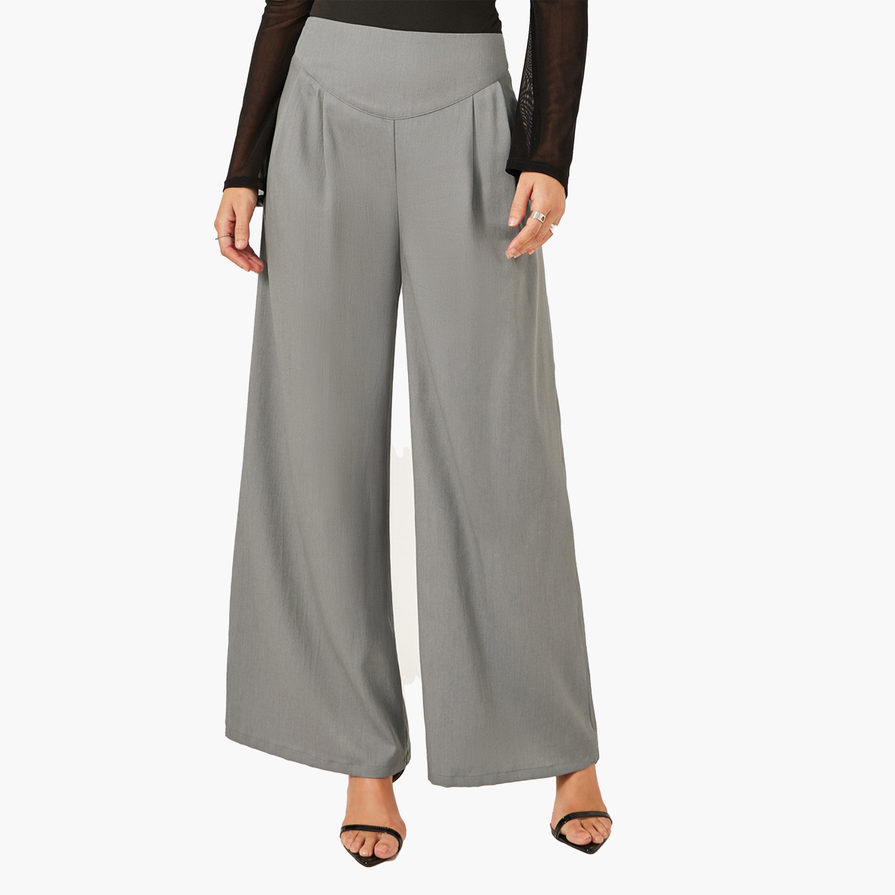ستايلي - بنطال رمادي واسع الساق بكسرات-women-clothing-bottoms-trousers-image-1