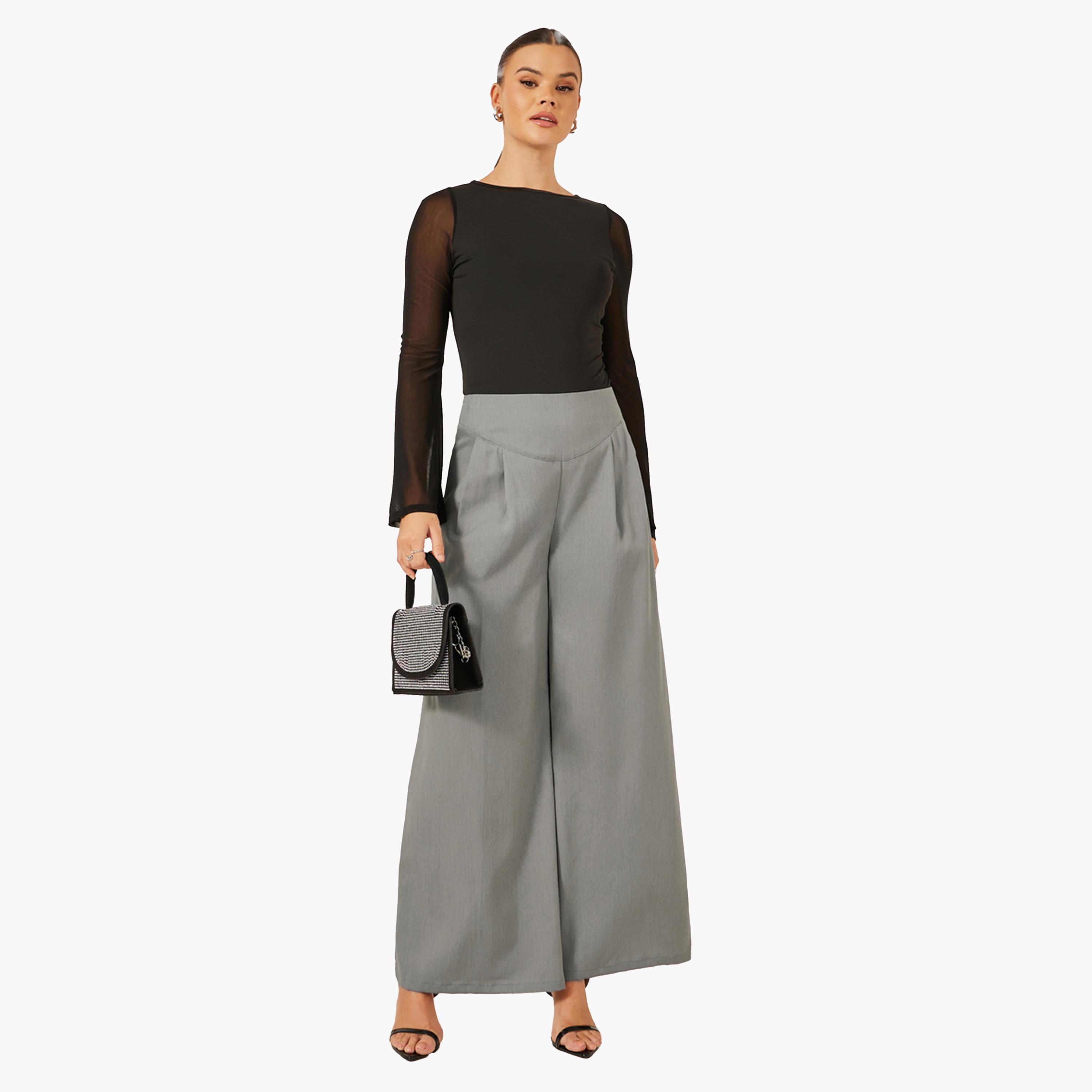 Styli Pleated Grey Wide Leg Pants-women-clothing-bottoms-trousers-image-2