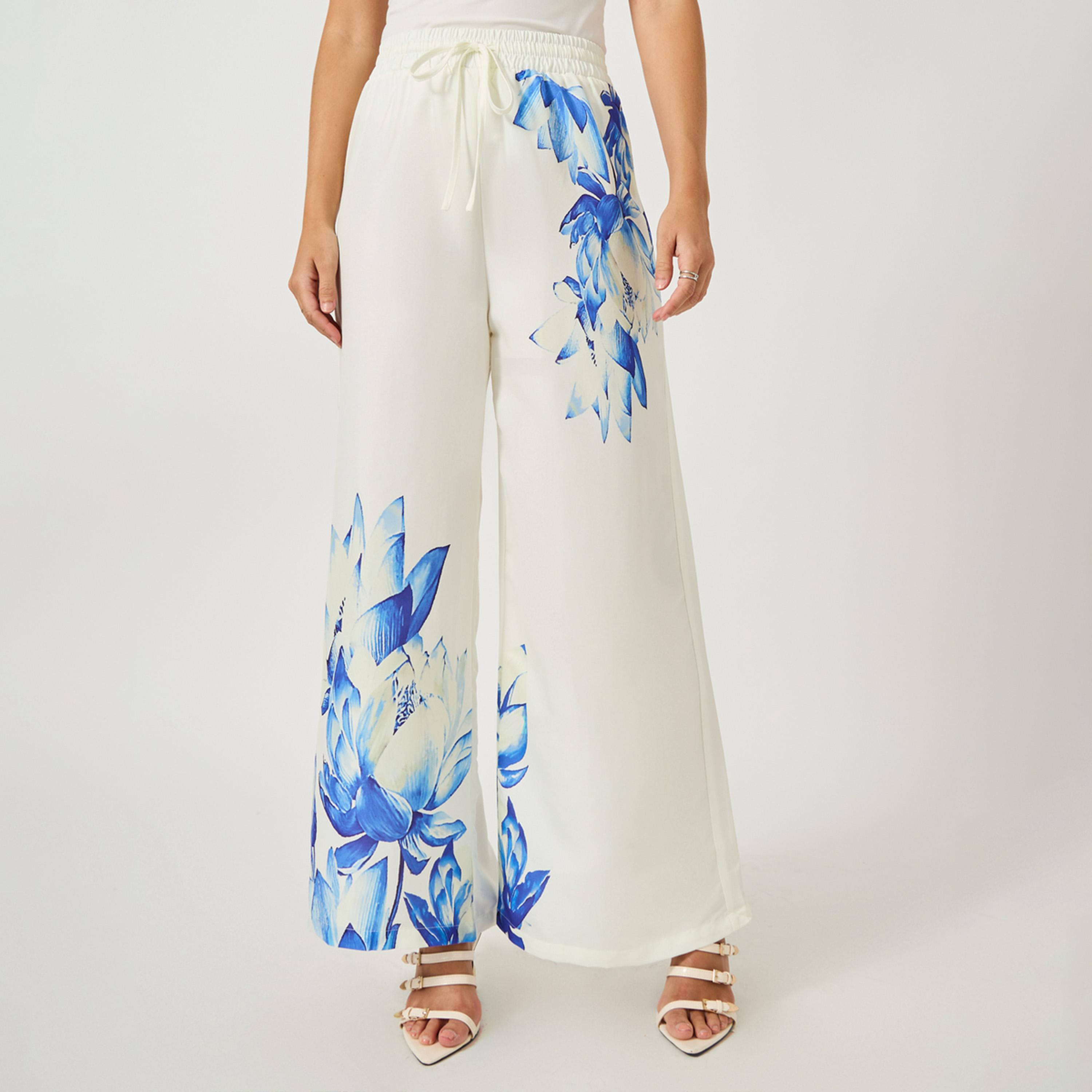 ستايلي - بنطال واسع الساق بطبعة زهور مع حزام خصر مطاطي-women-clothing-bottoms-trousers-image-1