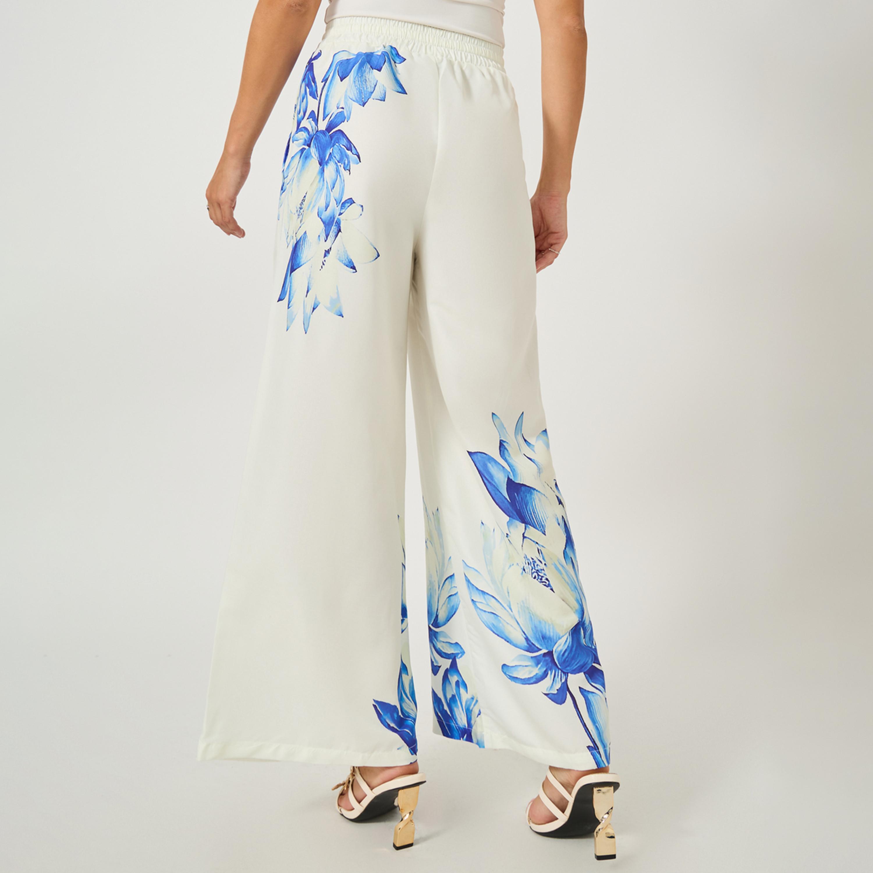 ستايلي - بنطال واسع الساق بطبعة زهور مع حزام خصر مطاطي-women-clothing-bottoms-trousers-image-4