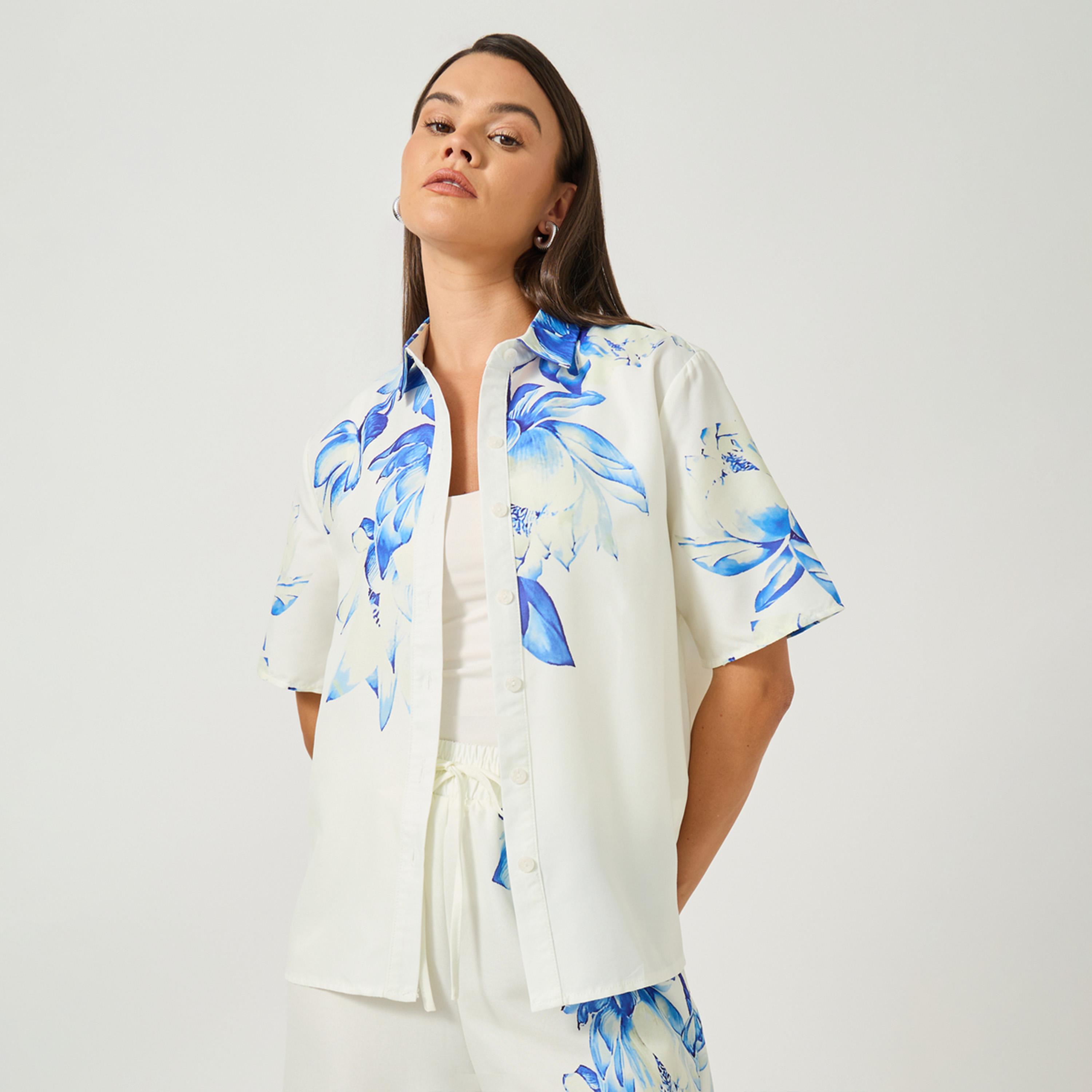 Styli Floral Placement Print Short Sleeve Regular Fit Shirt-women-clothing-shirtsandblouses-shirts-image-1