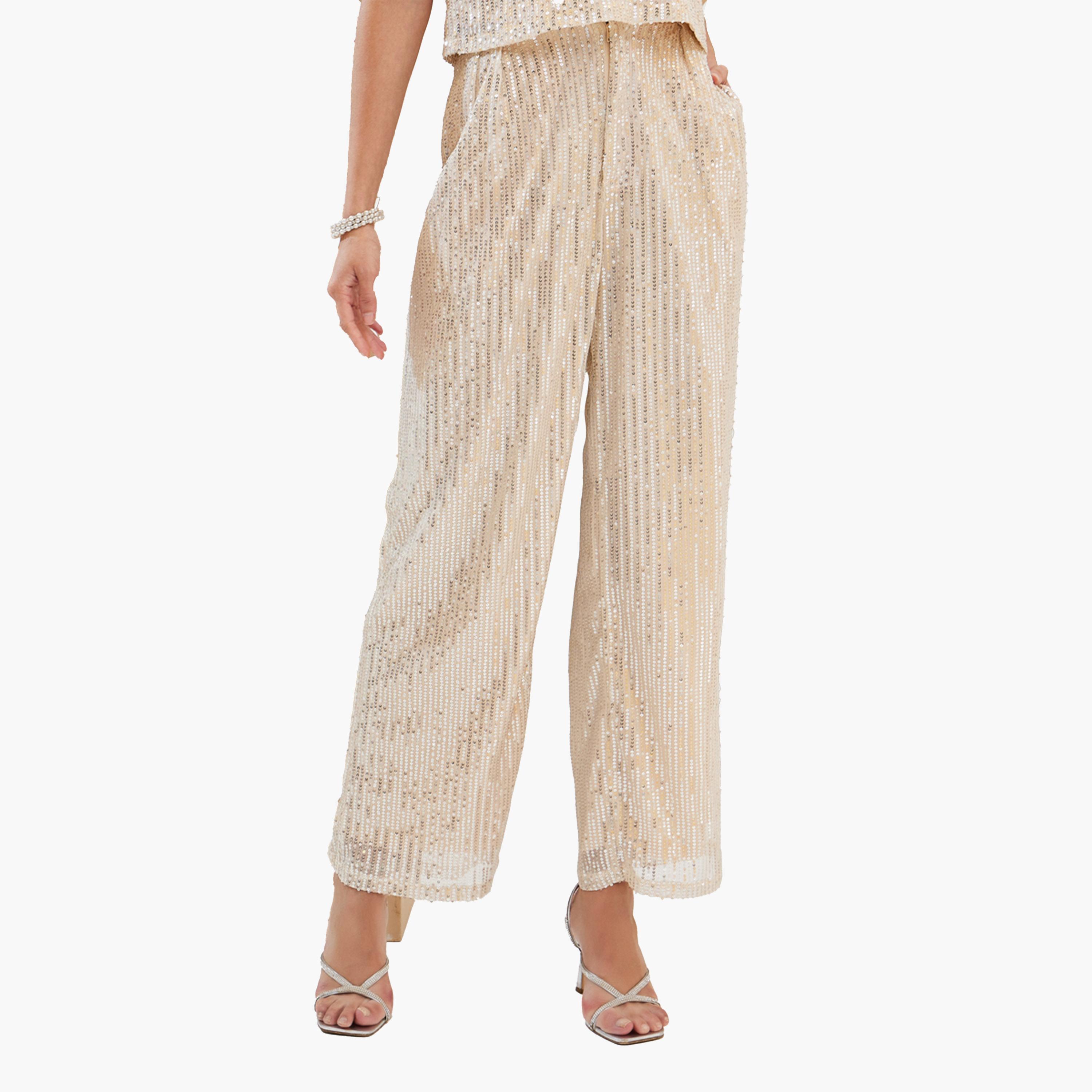 Styli Cream Wide Leg Sequin Pants-women-clothing-bottoms-trousers-image-1