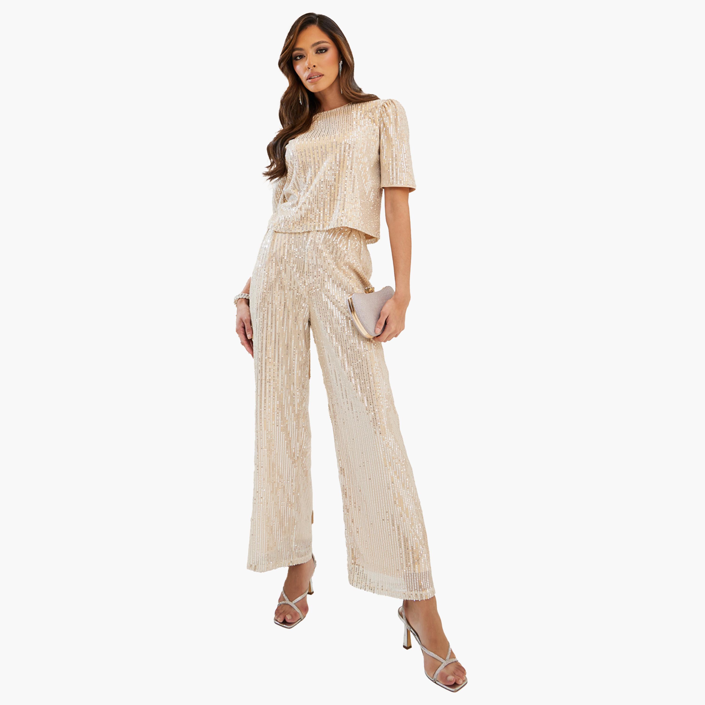 ستايلي-  بنطال كريمي واسع الساق مزين بالترتر-women-clothing-bottoms-trousers-image-3