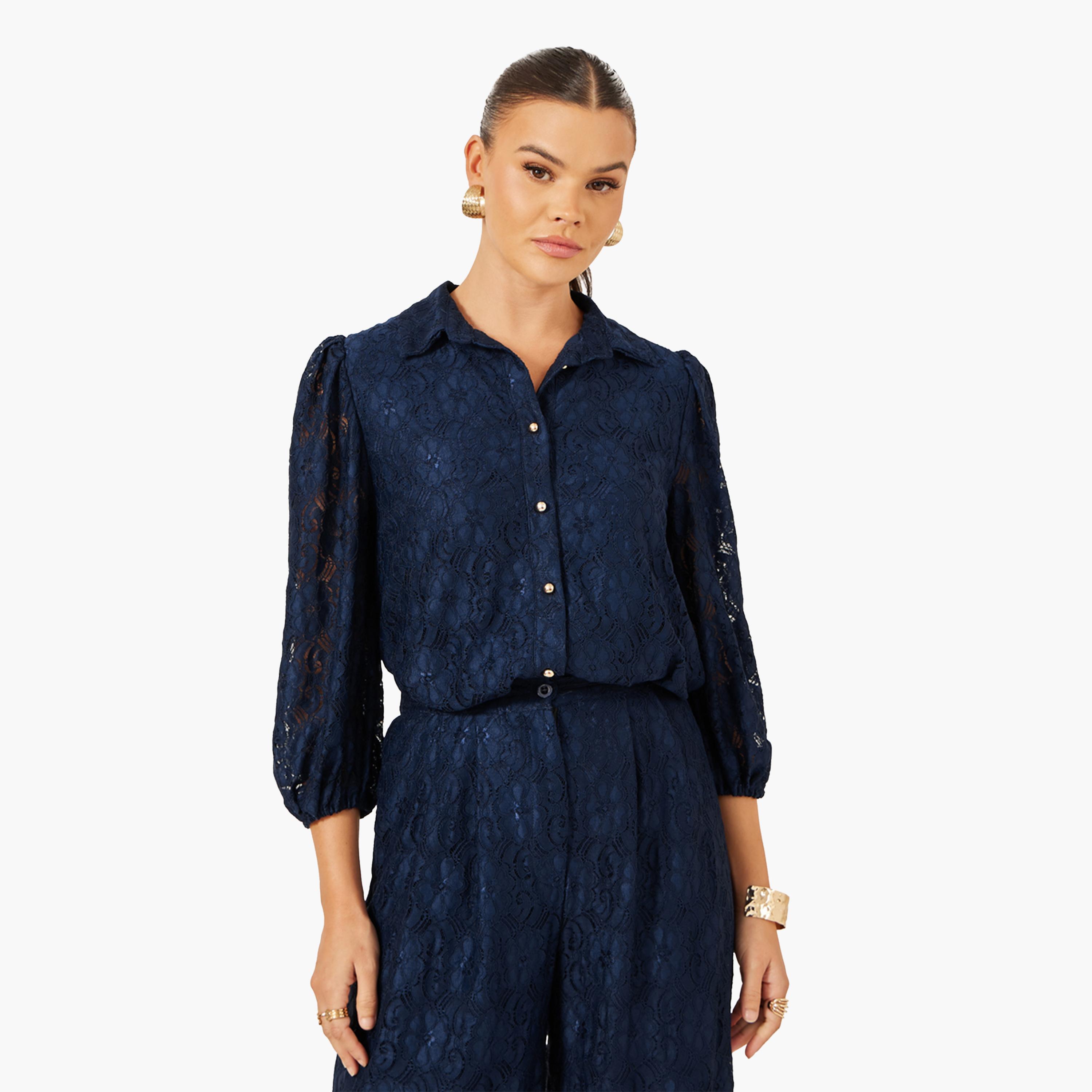 Styli Navy Blue Lace Spread Collar Blouse-women-clothing-shirtsandblouses-blouses-image-1