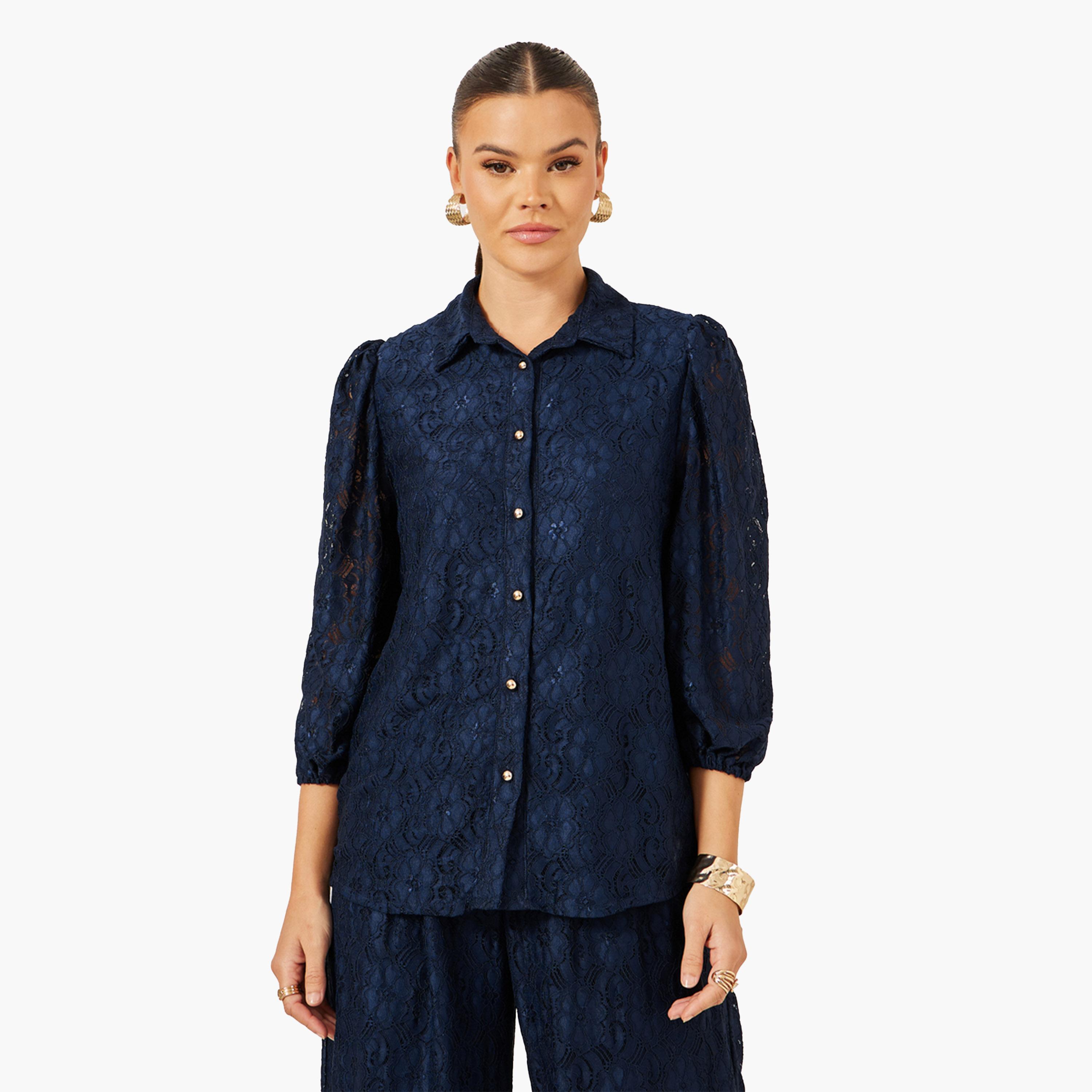 Styli Navy Blue Lace Spread Collar Blouse-women-clothing-shirtsandblouses-blouses-image-2
