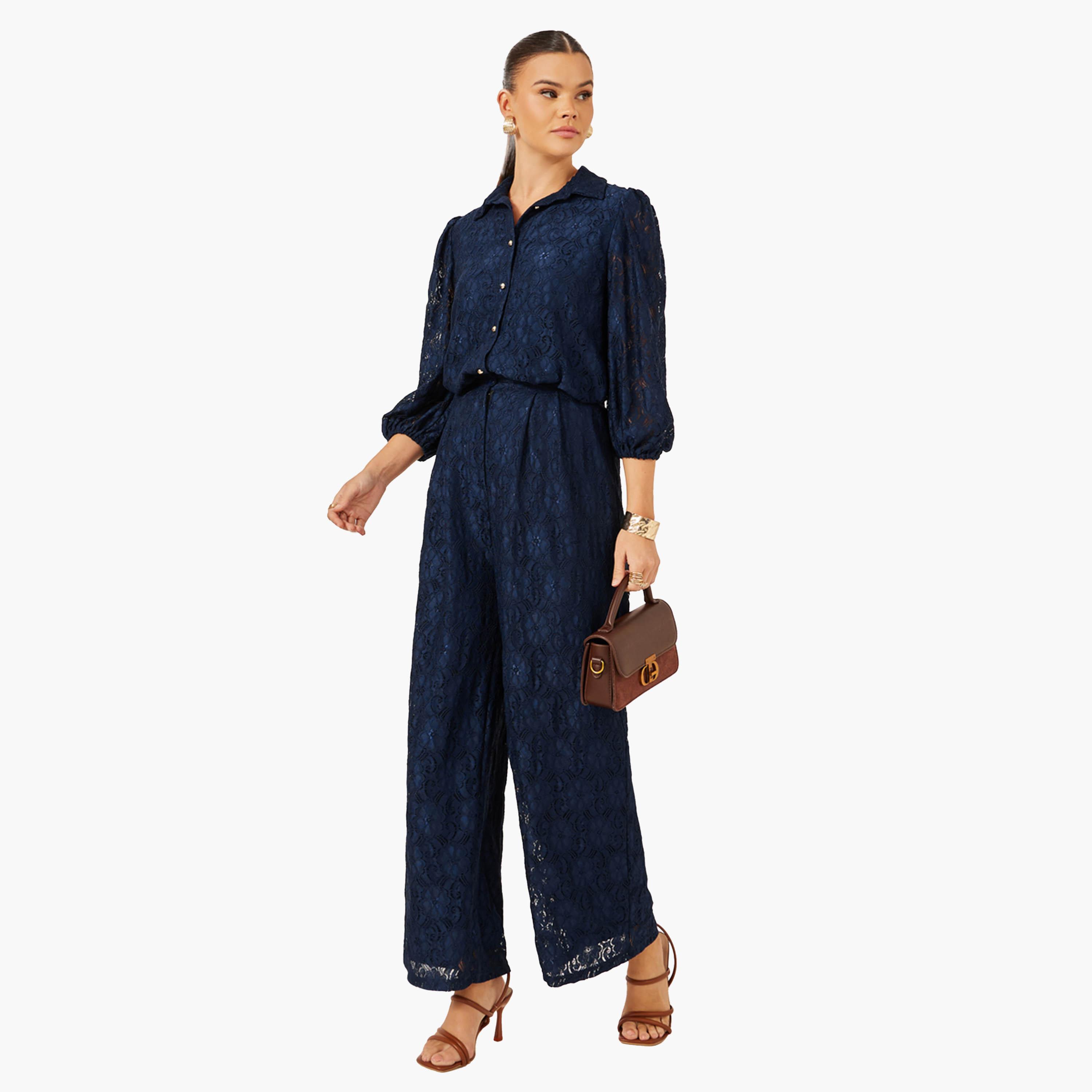 Styli Navy Blue Lace Spread Collar Blouse-women-clothing-shirtsandblouses-blouses-image-3