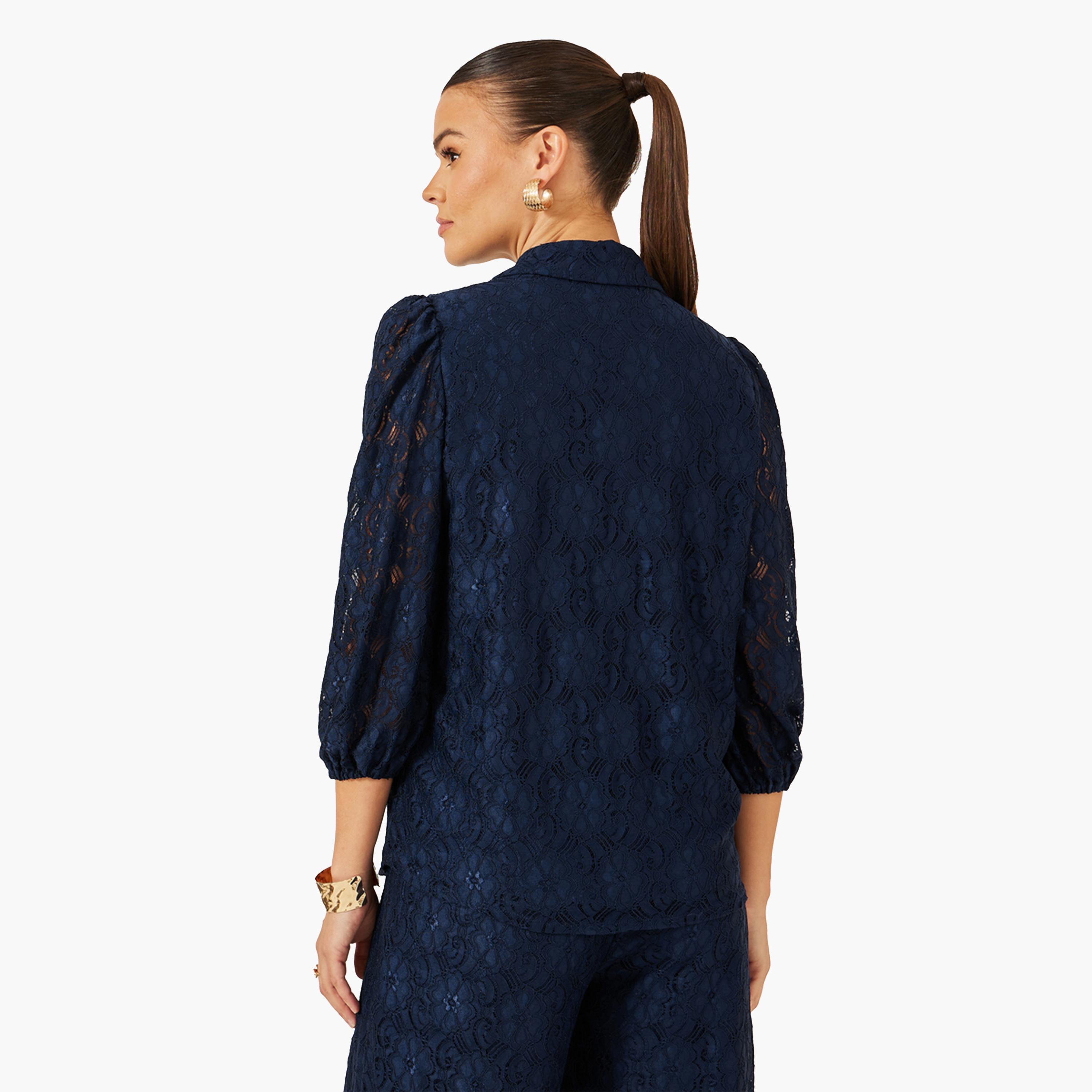 Styli Navy Blue Lace Spread Collar Blouse-women-clothing-shirtsandblouses-blouses-image-5
