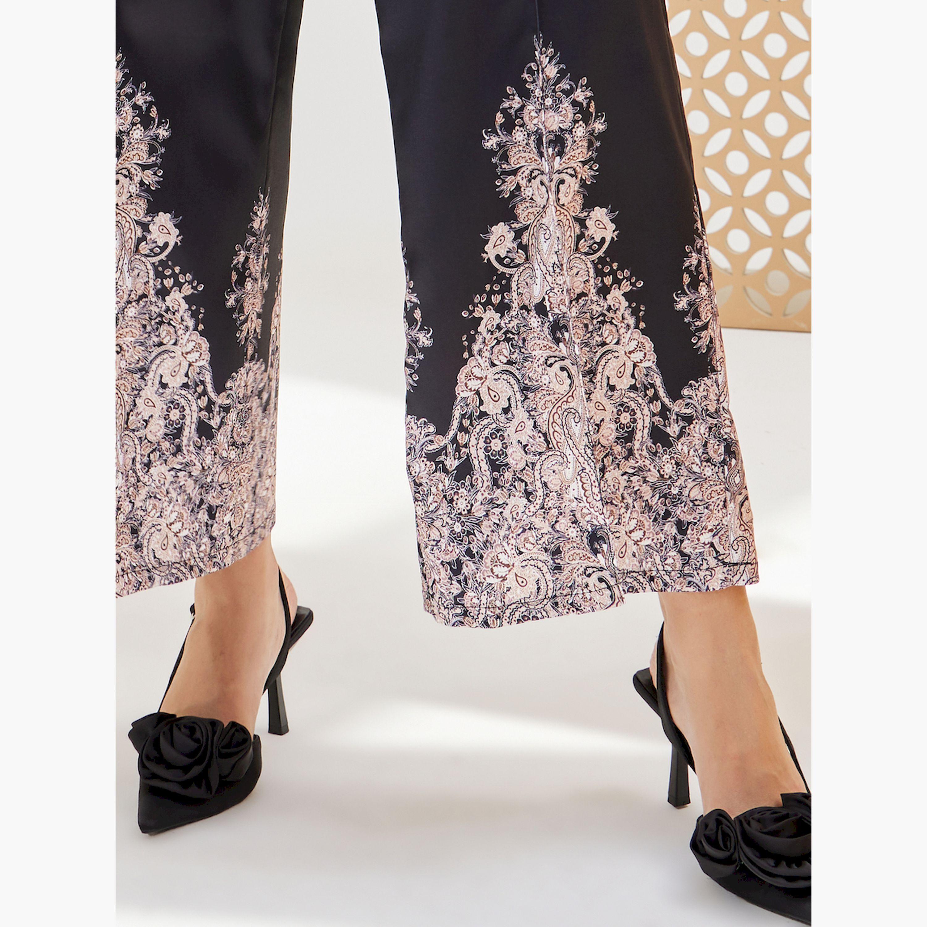 ستايلي- بنطلون واسع الساق بتصميم الكتان بطباعة Styli Placement-women-clothing-bottoms-trousers-image-3